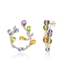 Multi Color Gemstones and Dimaond Studded Earrings in 14K Yellow Gold