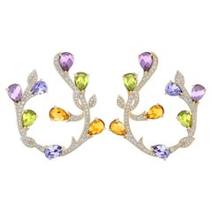Multi Color Gemstones and Dimaond Studded Earrings in 14K Yellow Gold