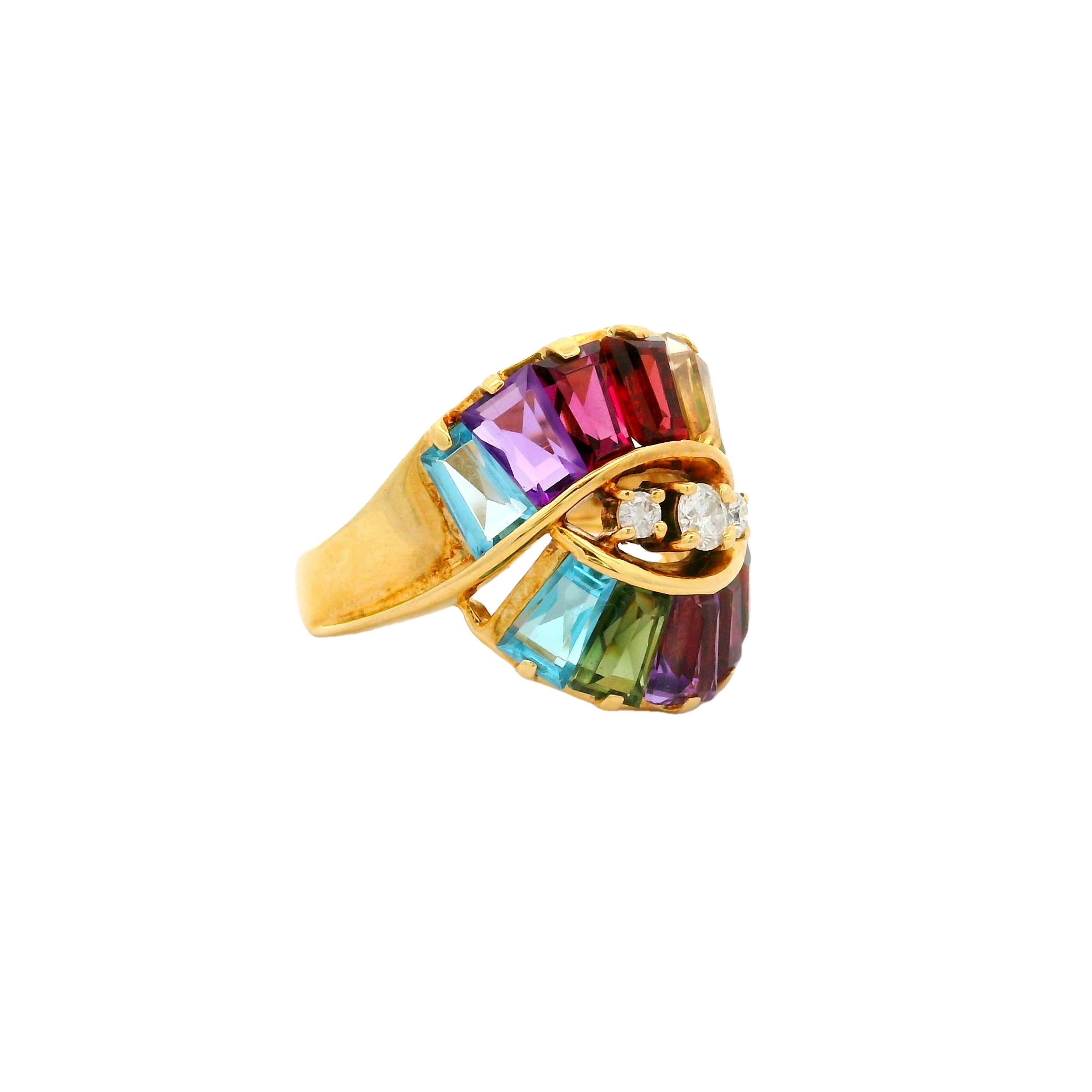 A vibrant array of tapered baguette-cut amethysts, weighing 2.0 carats, forms the centerpiece of this contemporary ring. The amethysts, with their rich purple hue, are complemented by a spectrum of citrine, garnet, peridot, and topaz stones,