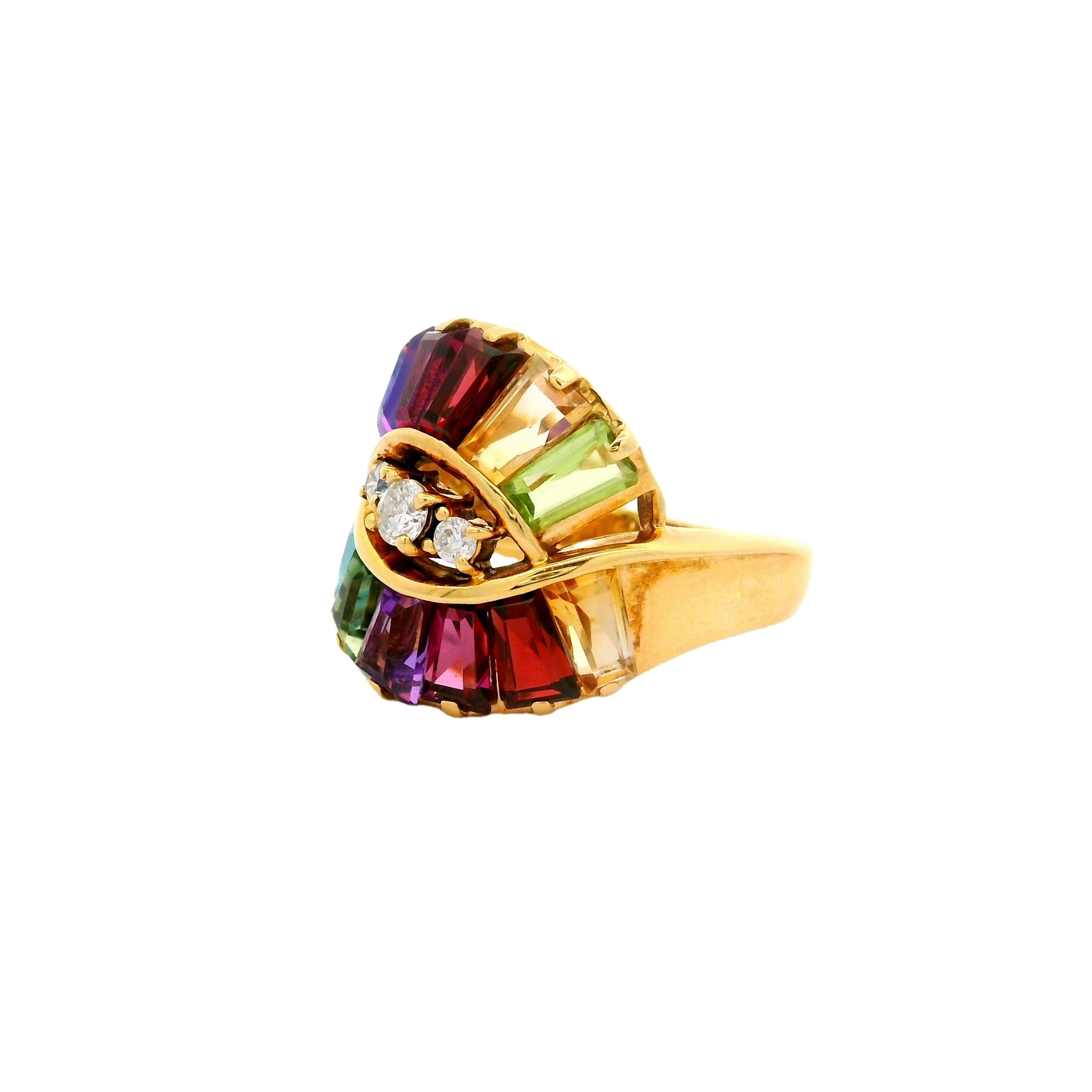 Contemporary Multi-color Gemstones Diamond 18k Yellow Gold Ring For Sale