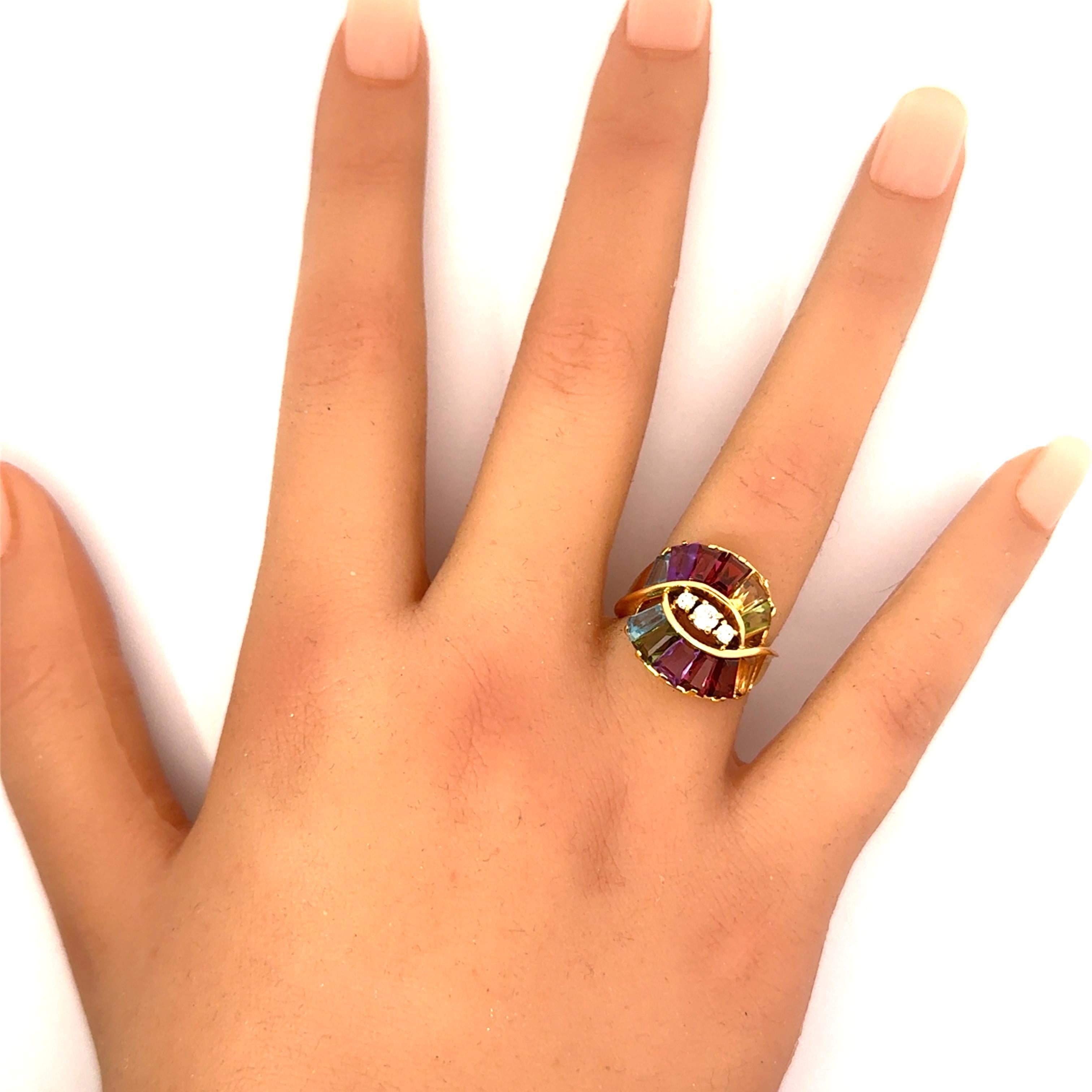Tapered Baguette Multi-color Gemstones Diamond 18k Yellow Gold Ring For Sale