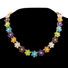 Multi-Color Gemstones Flower Link Gold Necklace
