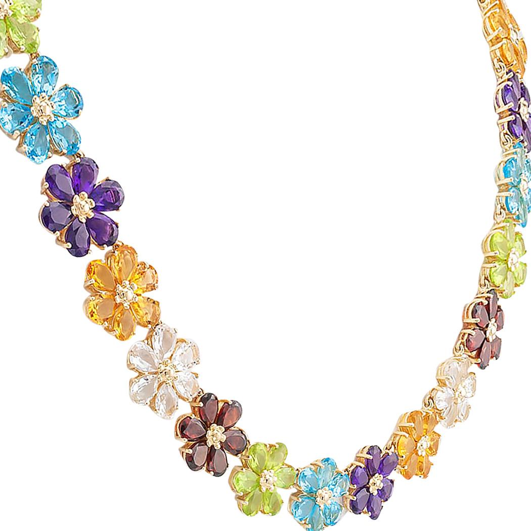 Contemporary Multi-Color Gemstones Flower Link Gold Necklace