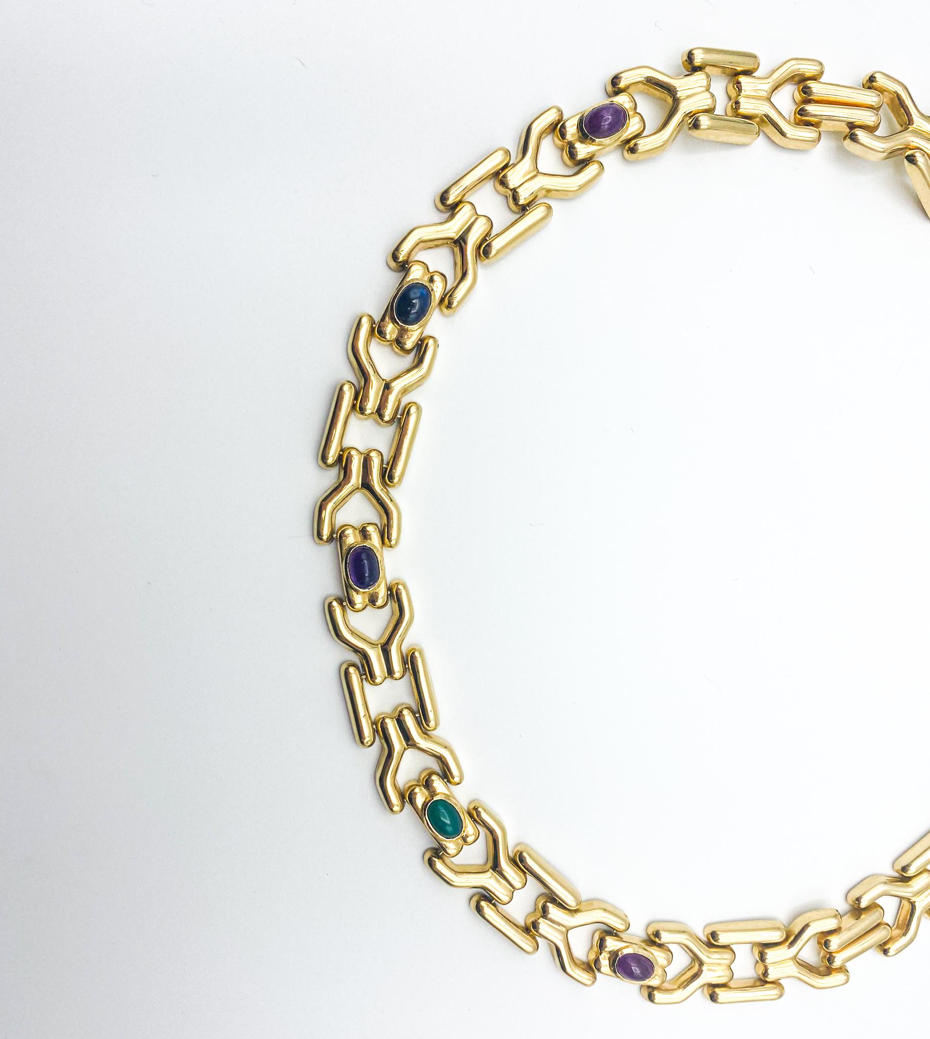 Cabochon Multi-Color Gemstones Necklace 7.50 Carat 14 Karat Gold 59 Grams