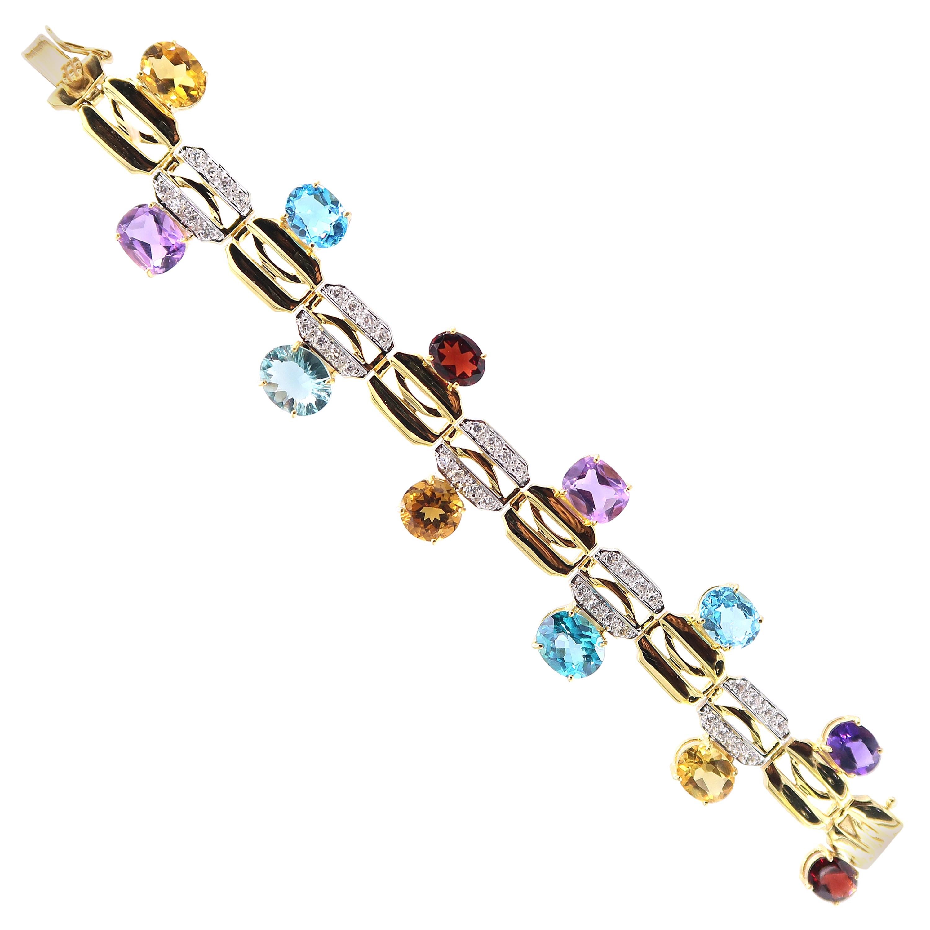 Multi-Color Oval Shaped Gemstones White Zircon 18 Karat Gold Bracelet For Sale