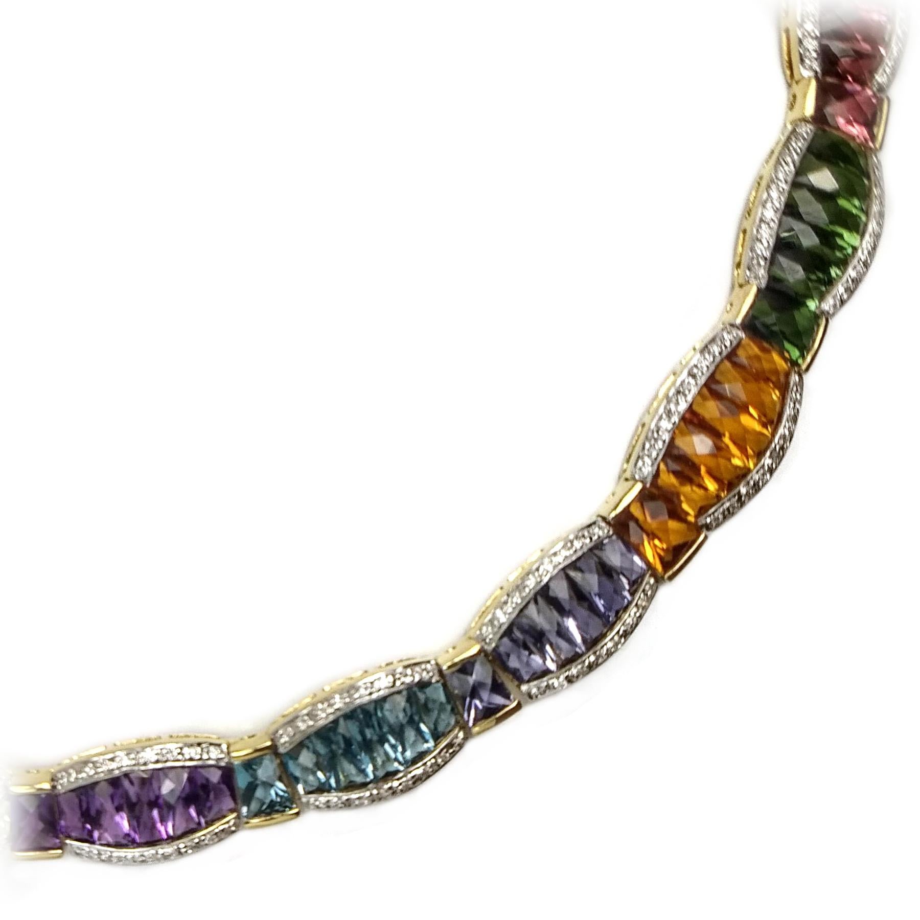 French Cut Multi Color Gemstones Yellow Gold Necklace