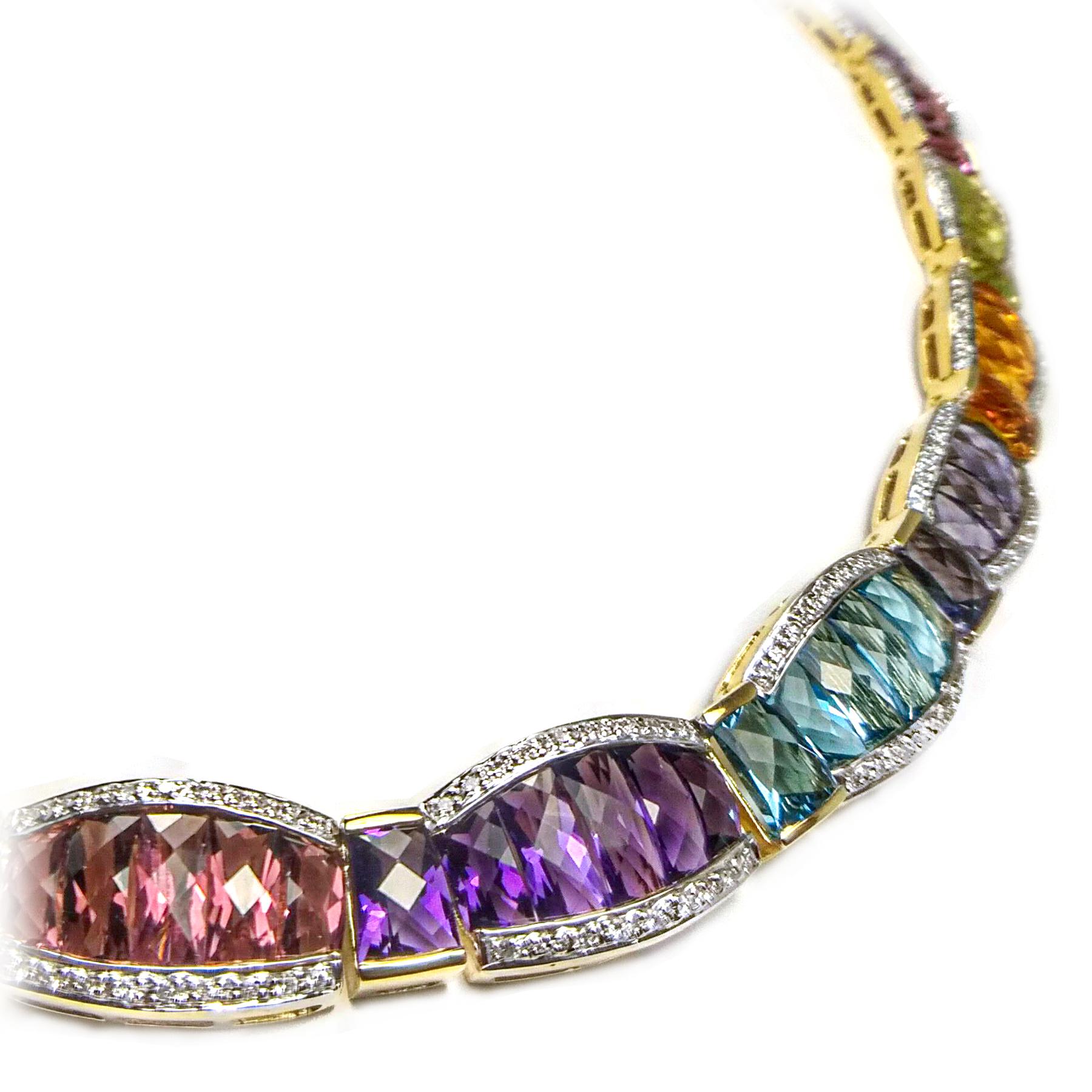 Multi Color Gemstones Yellow Gold Necklace In New Condition In Richmond, BC