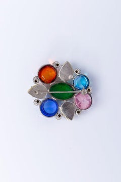 Multi Color Glass Paste Brooch in Silver Plate