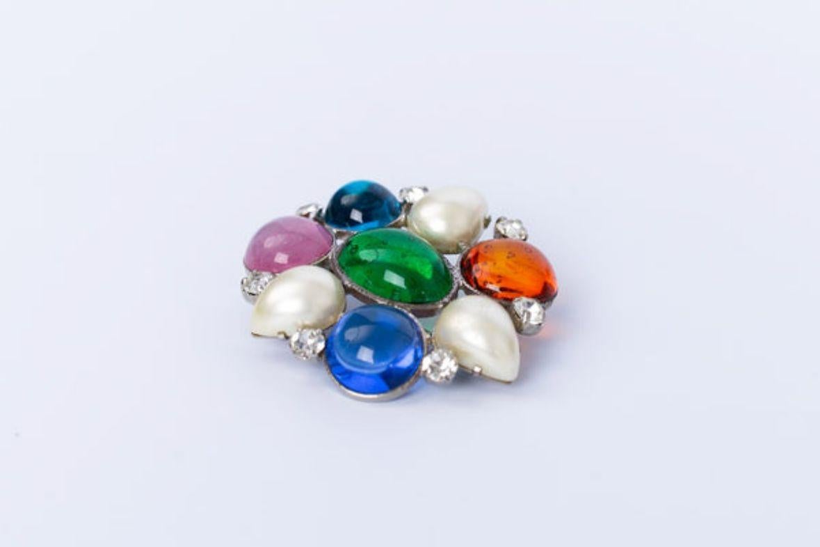 Women's or Men's Multi Color Glass Paste Brooch in Silver Plate For Sale