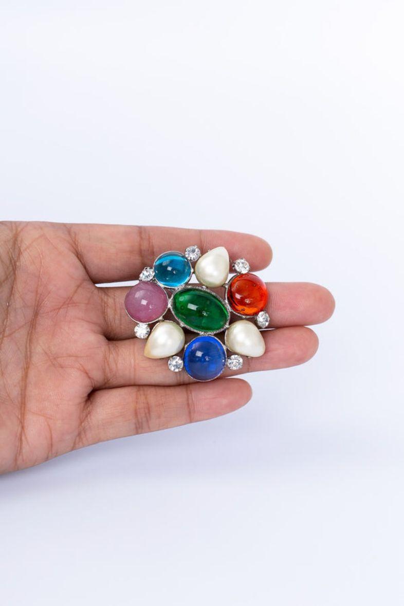 Multi Color Glass Paste Brooch in Silver Plate For Sale 1