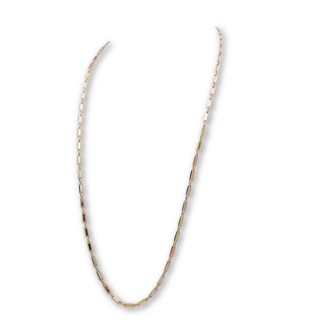 Sophisticated link necklace crafted in 18 karat rose, yellow, and white gold compromised of high polished flat links. The chain measures 2mm wide and 33.5 inches in length. Signed 750, no hallmarks or maker's marks present. Necklace is not presented