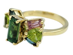 Multi-Color Green, Blue & Pink Gemstone Cluster Style Ring 14 Karat Yellow Gold