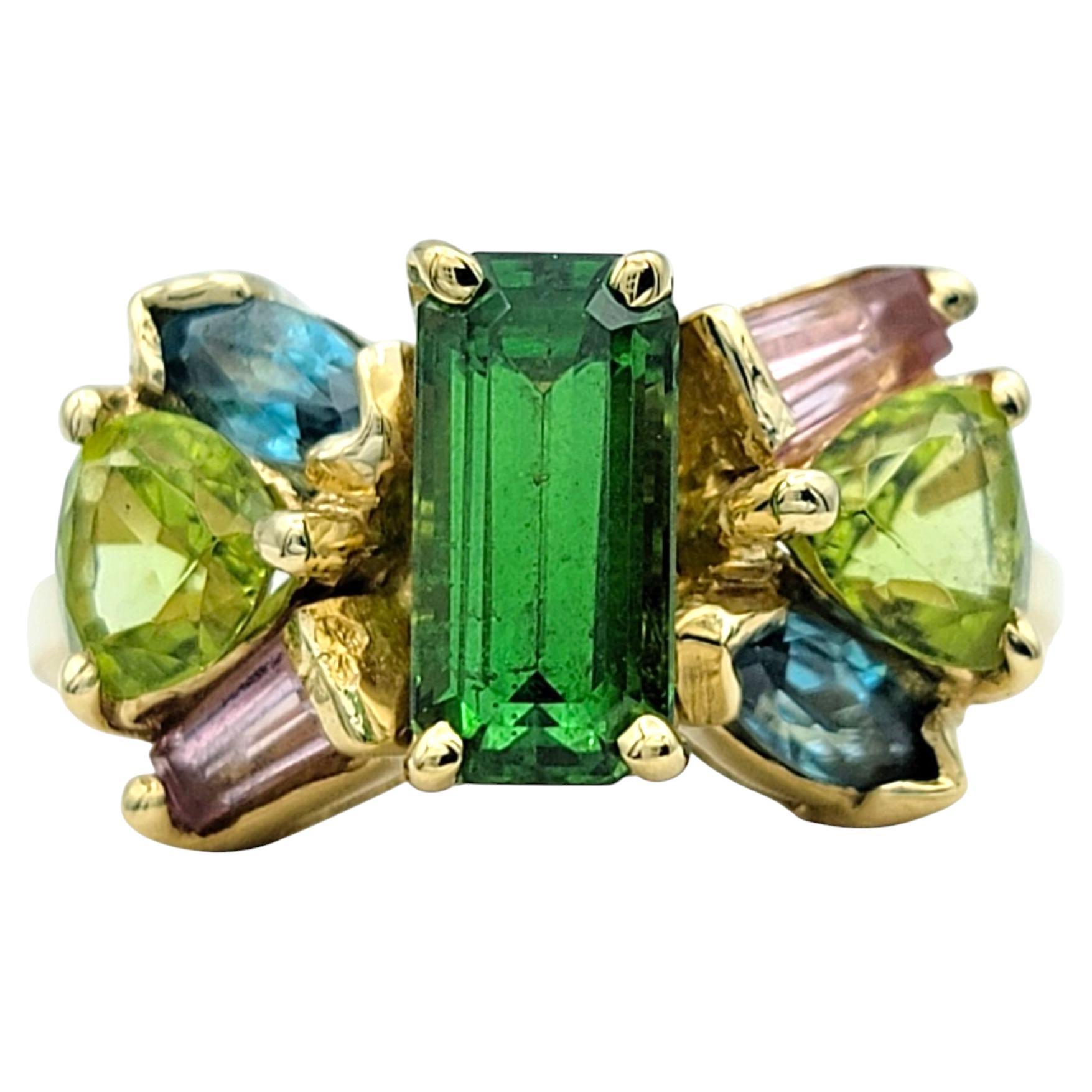 Multi-Color Green, Blue & Pink Gemstone Cluster Style Ring 14 Karat Yellow Gold