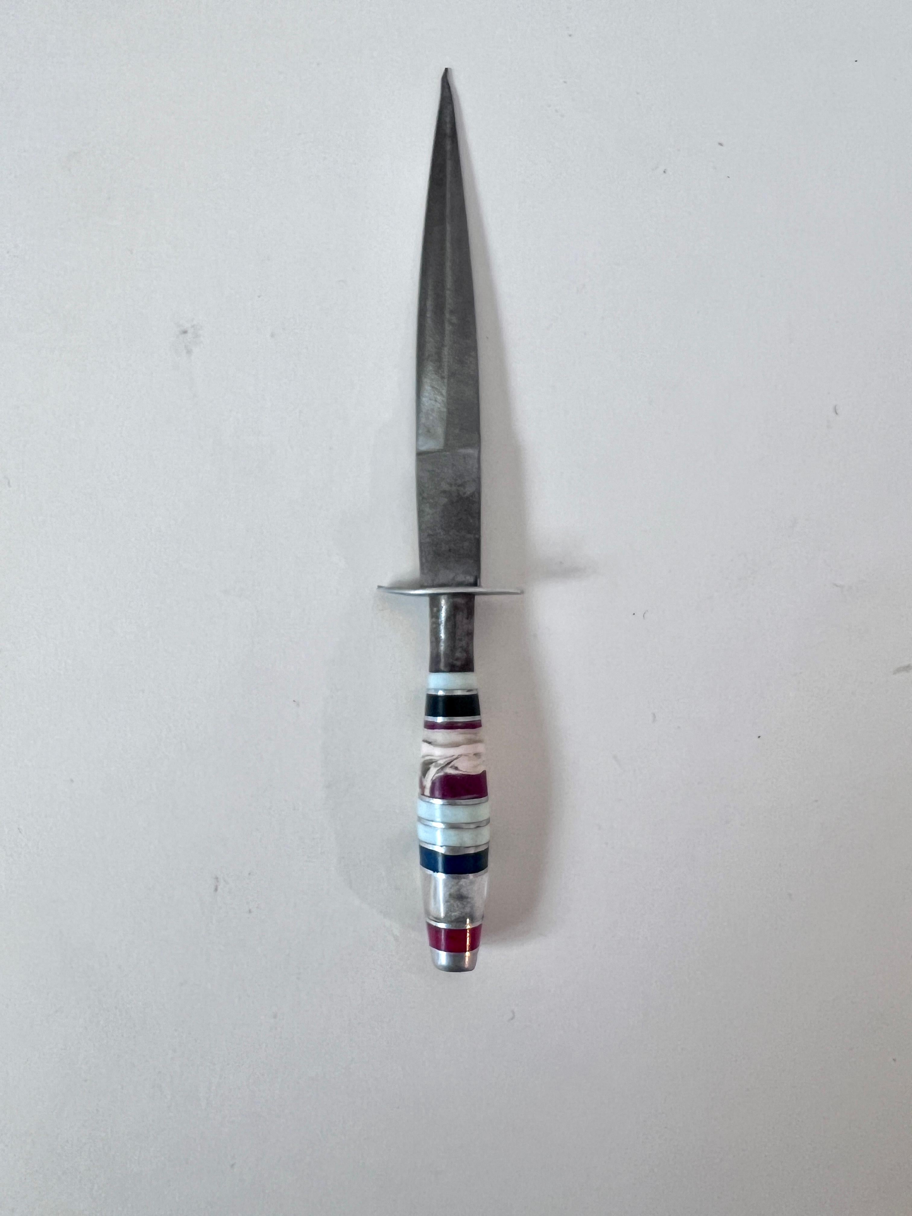 Hand-Crafted Multi Color Handled Letter Opener or Dagger with Stone Between Silver Spacers For Sale
