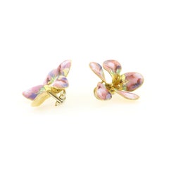Multi-Color, Handpainted Enamel on 18 Karat Yellow Gold Flower Clip Earrings