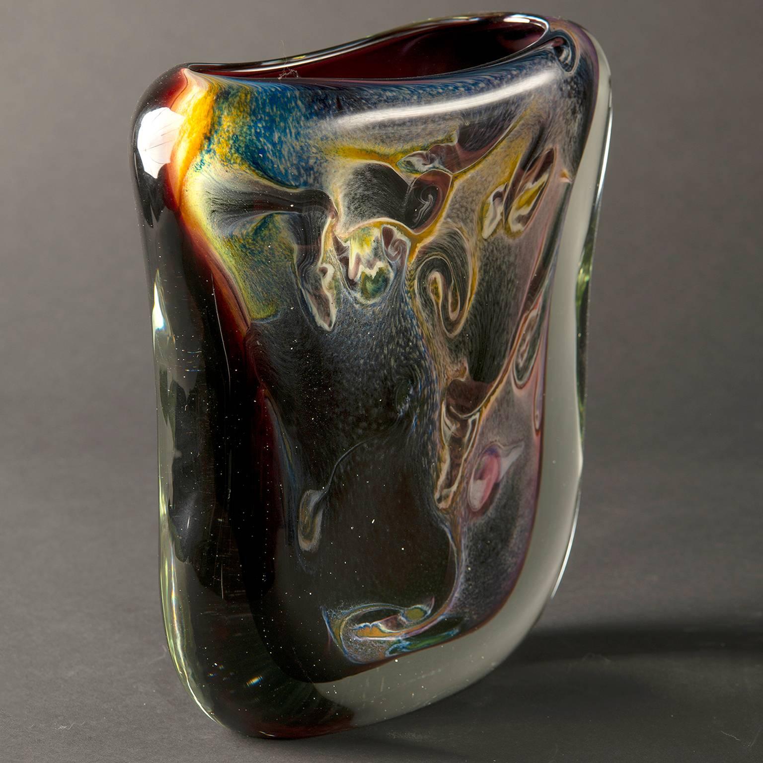 Mid-Century Modern Multi-Color Heavy Murano Cased Glass Sommerso Vase with Gold Inclusions