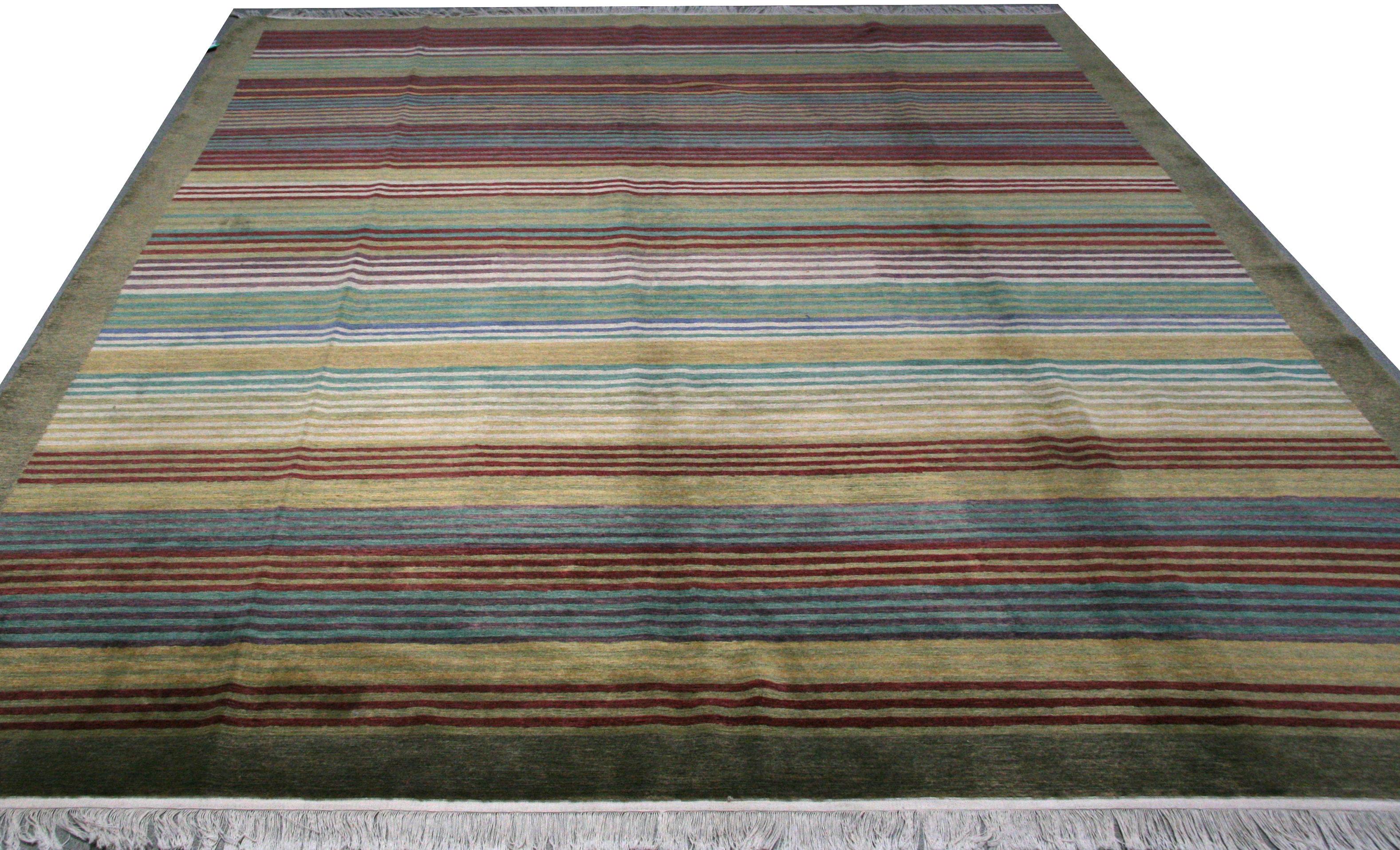 Hand-Knotted Multi-Color Indian Stripe Wool Area Rug For Sale