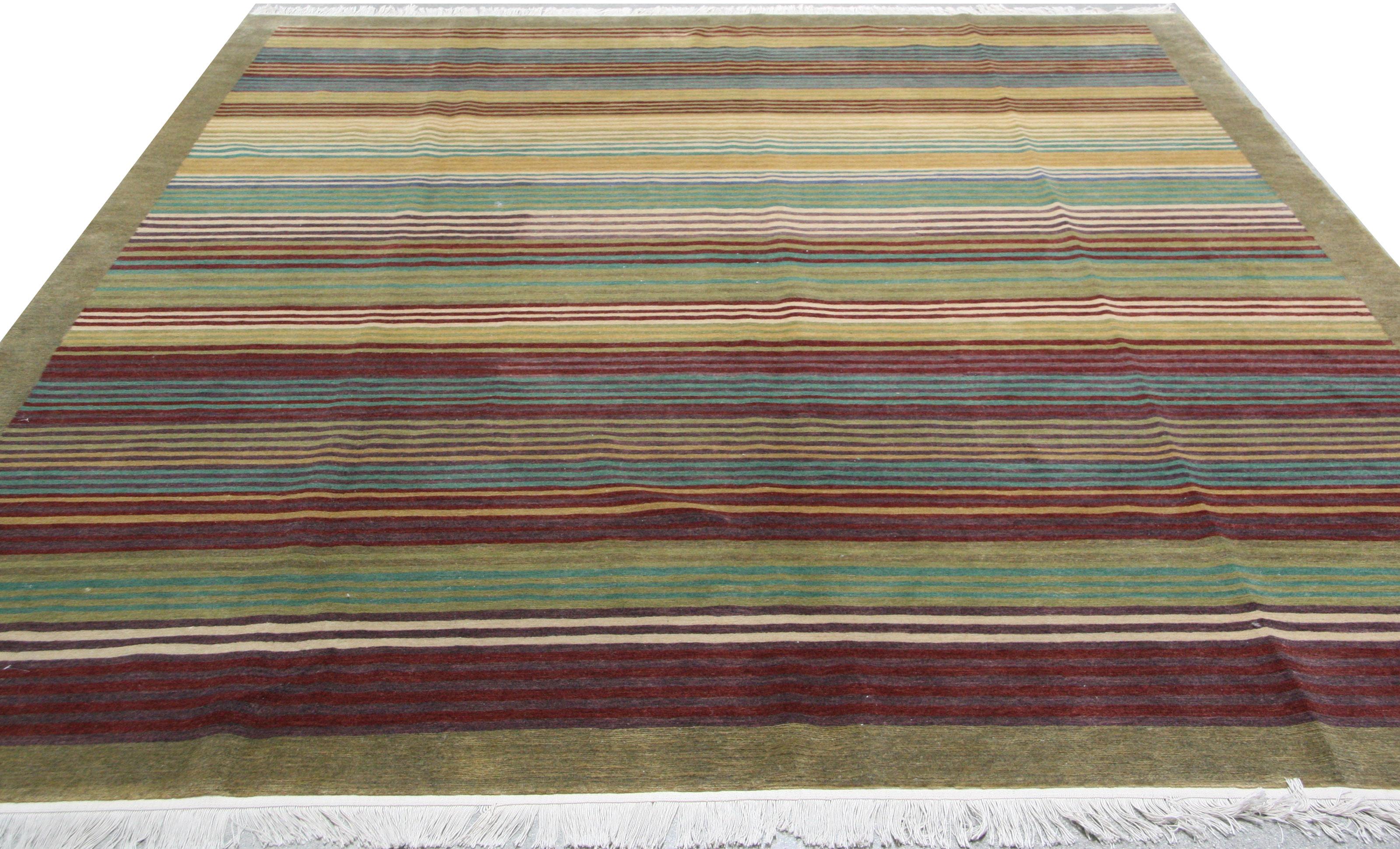Multi-Color Indian Stripe Wool Area Rug In New Condition For Sale In Los Angeles, CA