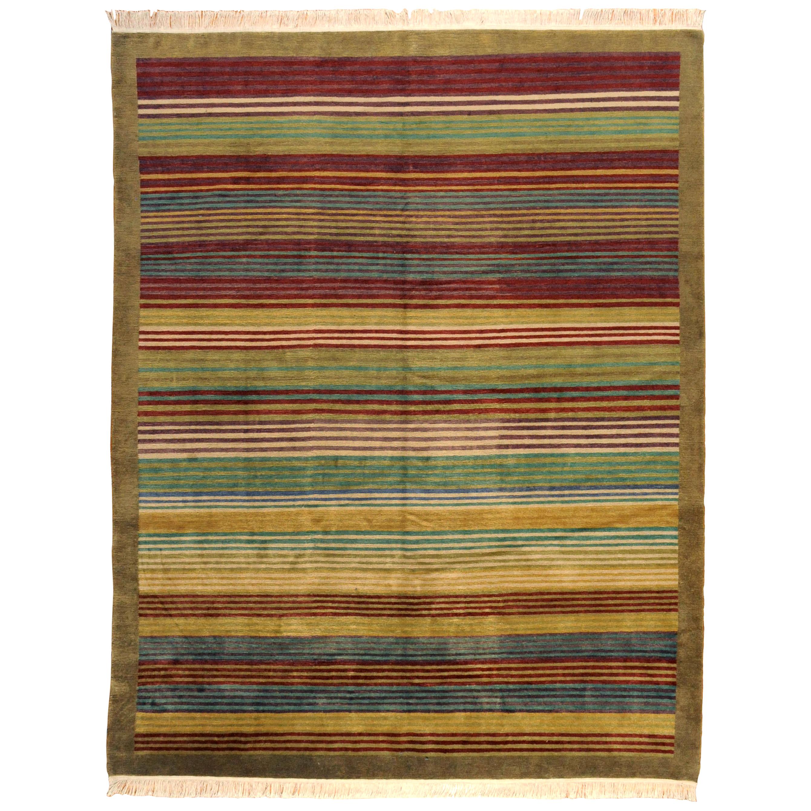 Multi-Color Indian Stripe Wool Area Rug For Sale