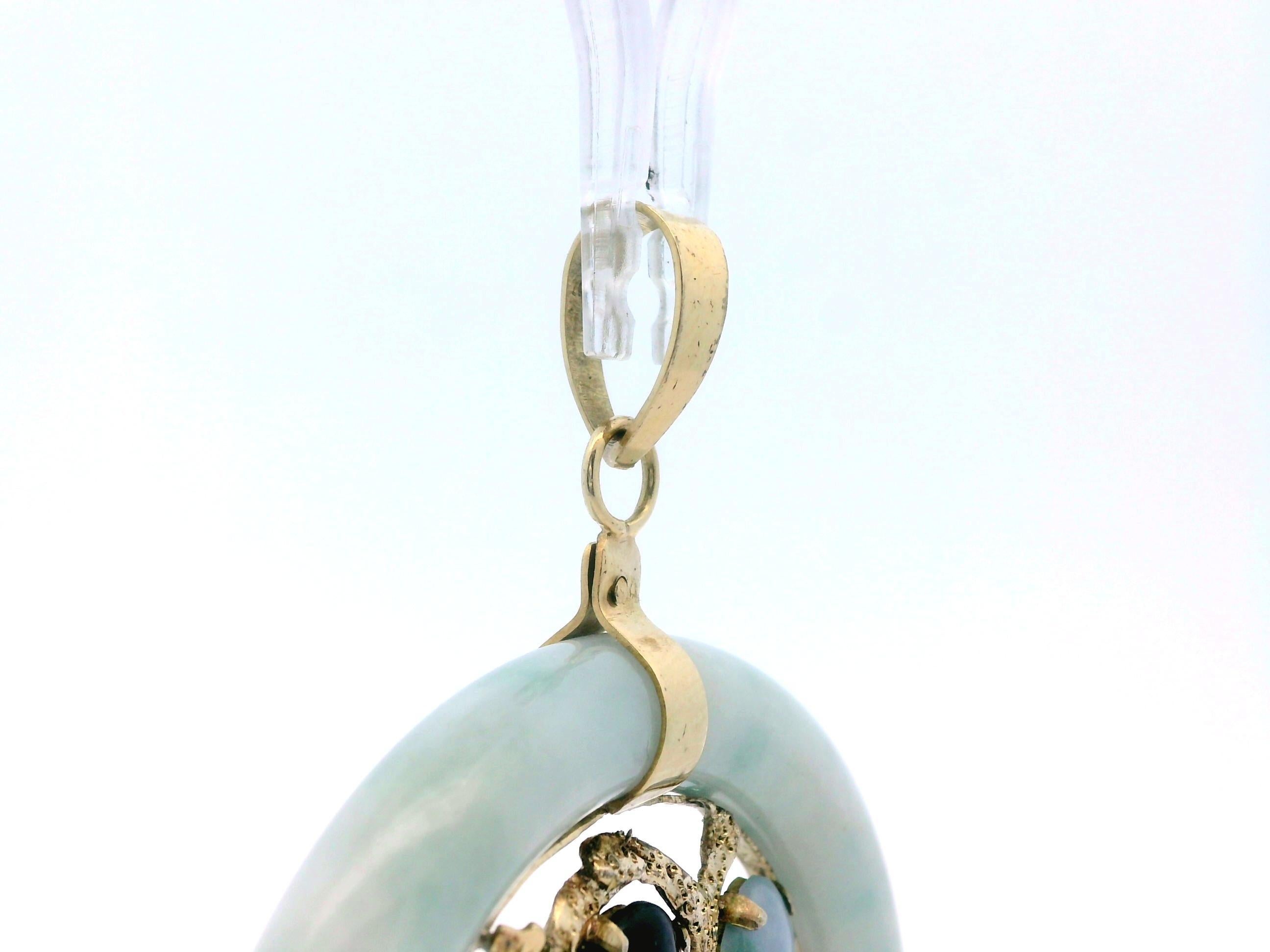 Cabochon Multi Color Jade + 14k Yellow Gold Pendant For Sale