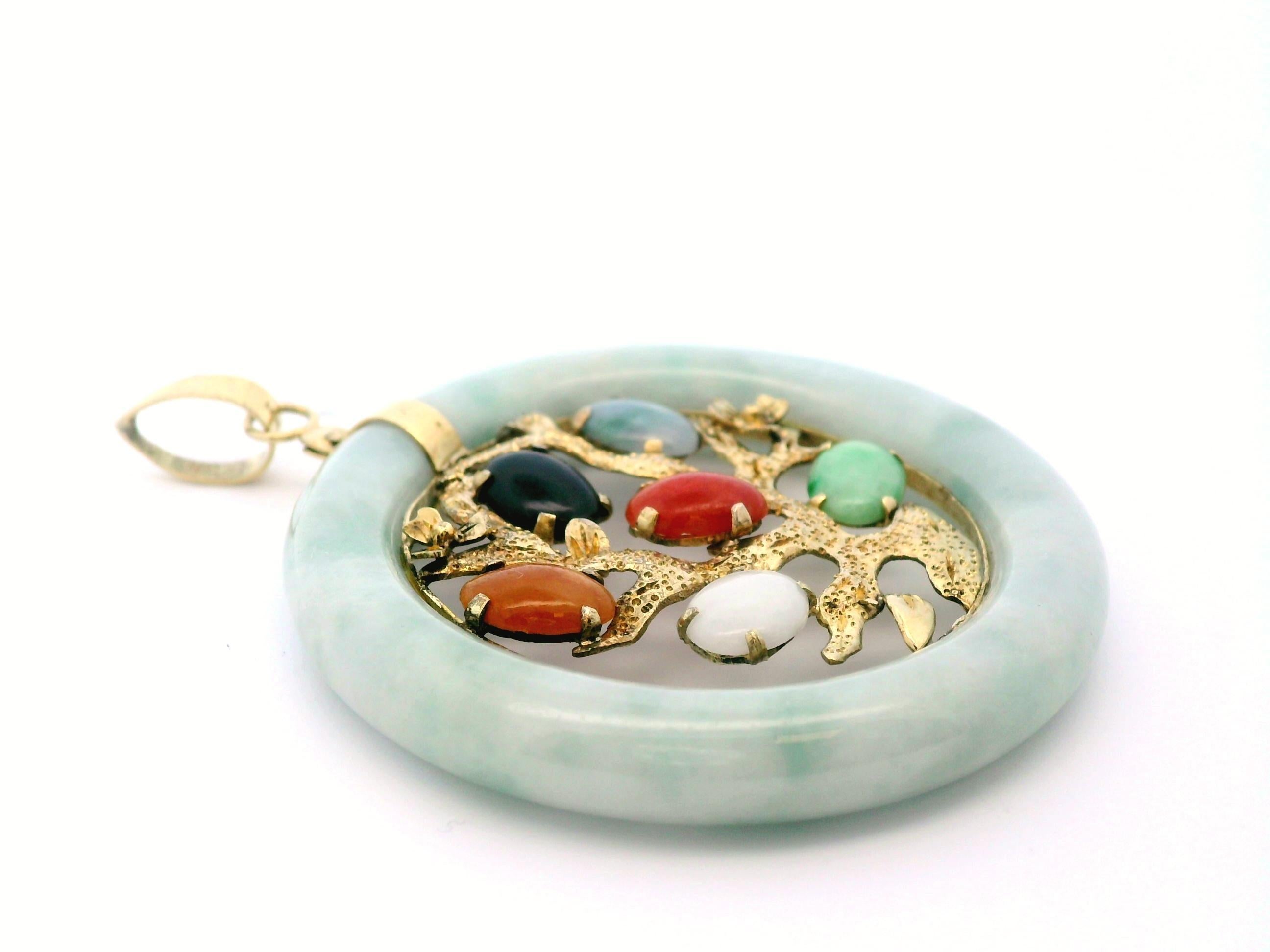 Multi Color Jade + 14k Yellow Gold Pendant For Sale 1