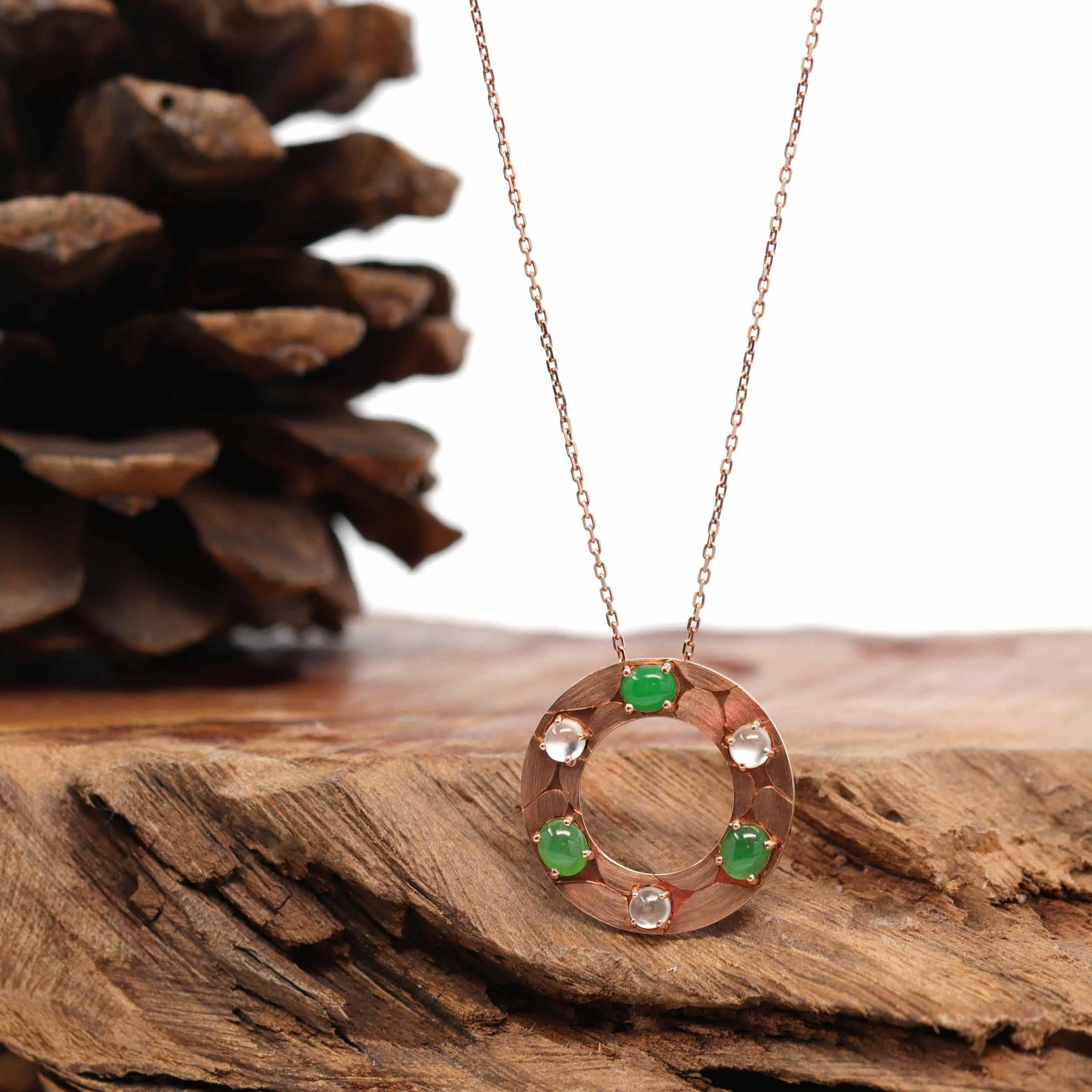 * DESIGN CONCEPT--- This necklace is made with oval genuine translucent ice Burmese jadeite. The design was inspired by the morning glory flower. A modern spin on mother nature's motif. Representing wholeness, completeness, and contentment. 
  

*