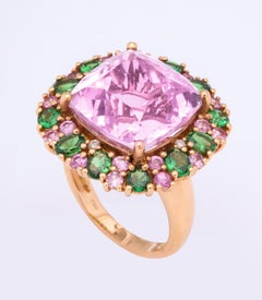 Multi-Color Kunzite Tsavorite Garnet Diamond Gold Cocktail Ring