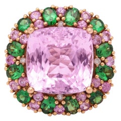 Multi-Color Kunzite Tsavorite Garnet Diamond Gold Cocktail Ring