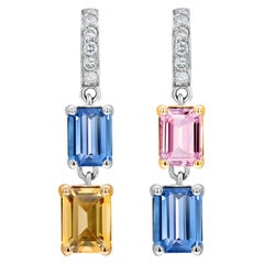 Multi-Color Matched and Mirrored Ceylon Sapphire Diamond Hoop Gold Earrings