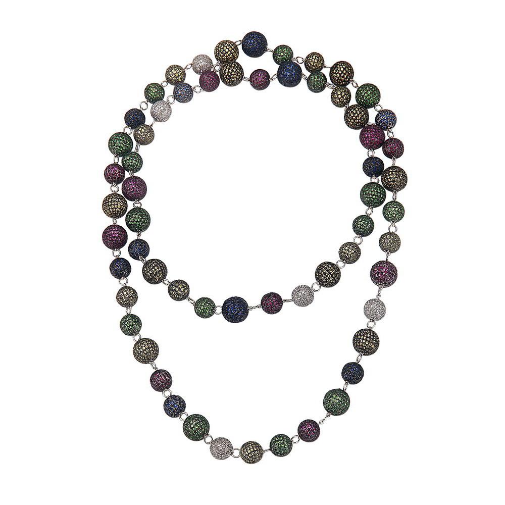 Mixed Cut Multi Color Multi Gemstones Covered by Pave Diamonds Beaded Chain Necklace For Sale