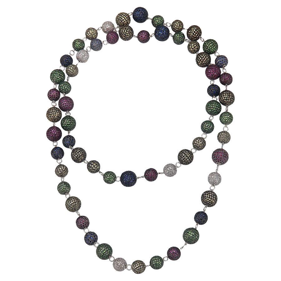 Multi Color Multi Gemstones Covered by Pave Diamonds Beaded Chain Necklace