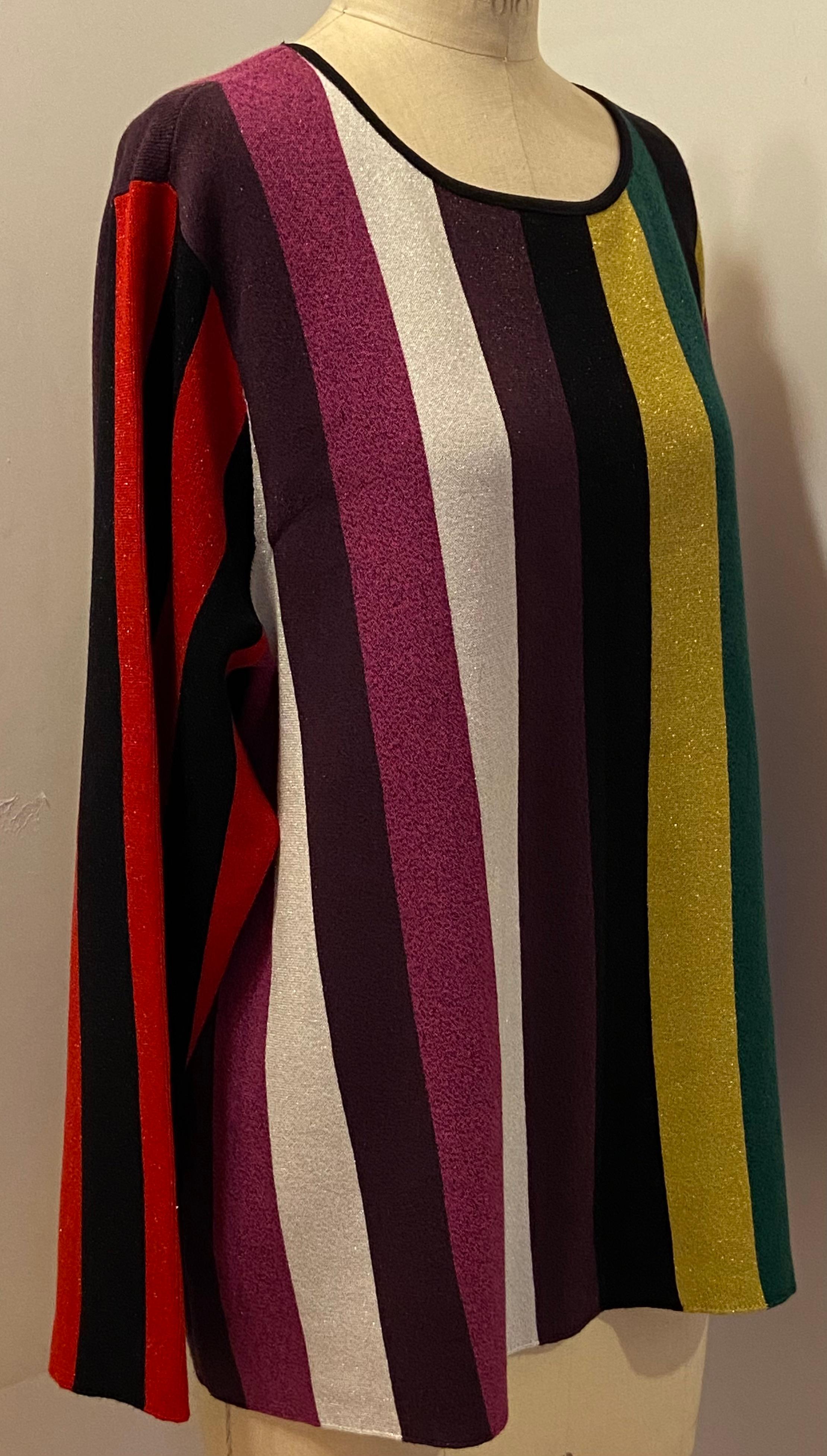 Multi-Color Multi-Stripe Gentle Metallic  Pullover Knit Scoop-Neck Top 2