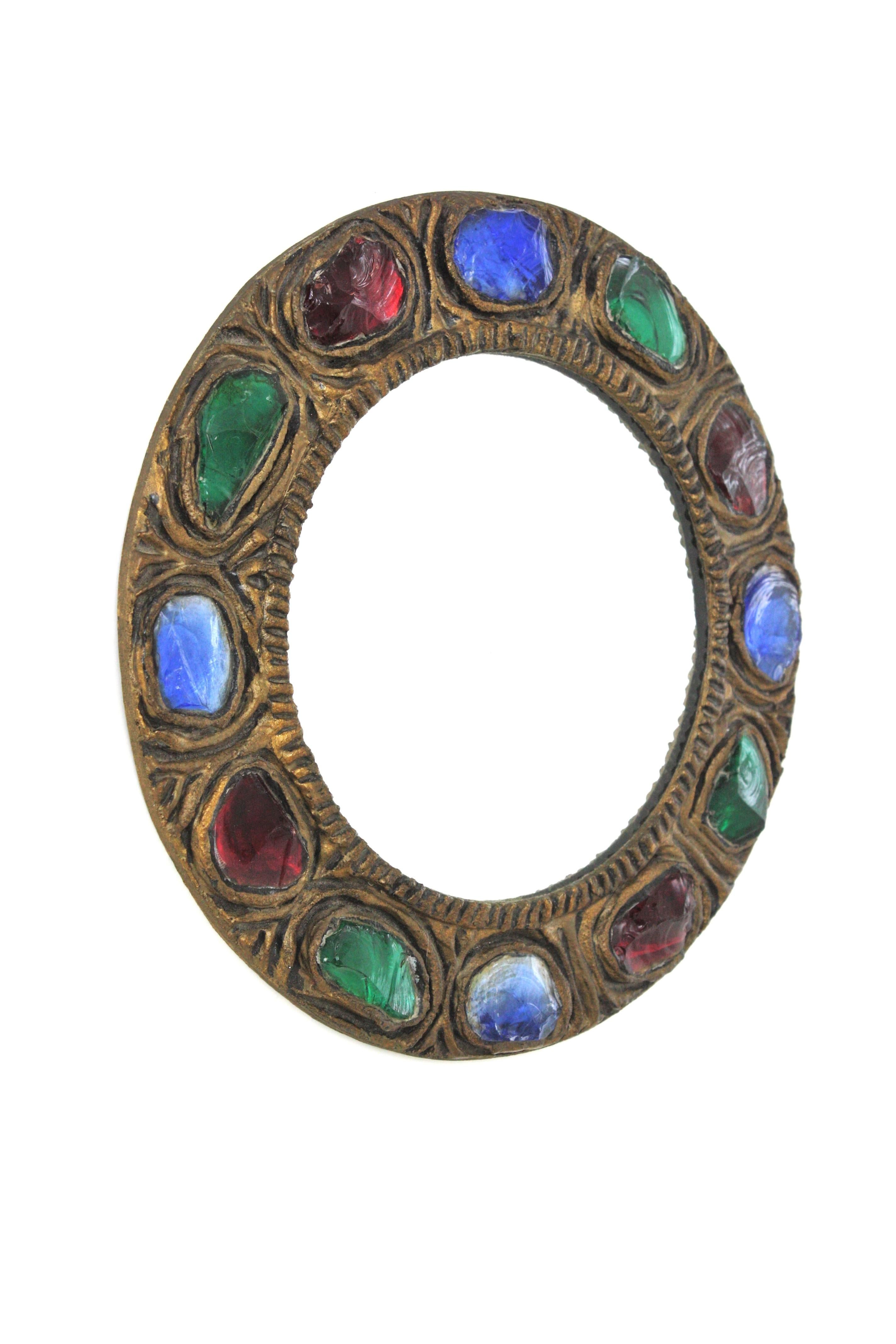Brutalisme Miroir mural en verre de Murano et cristal de roche multicolore par Creaciones Gobesso en vente