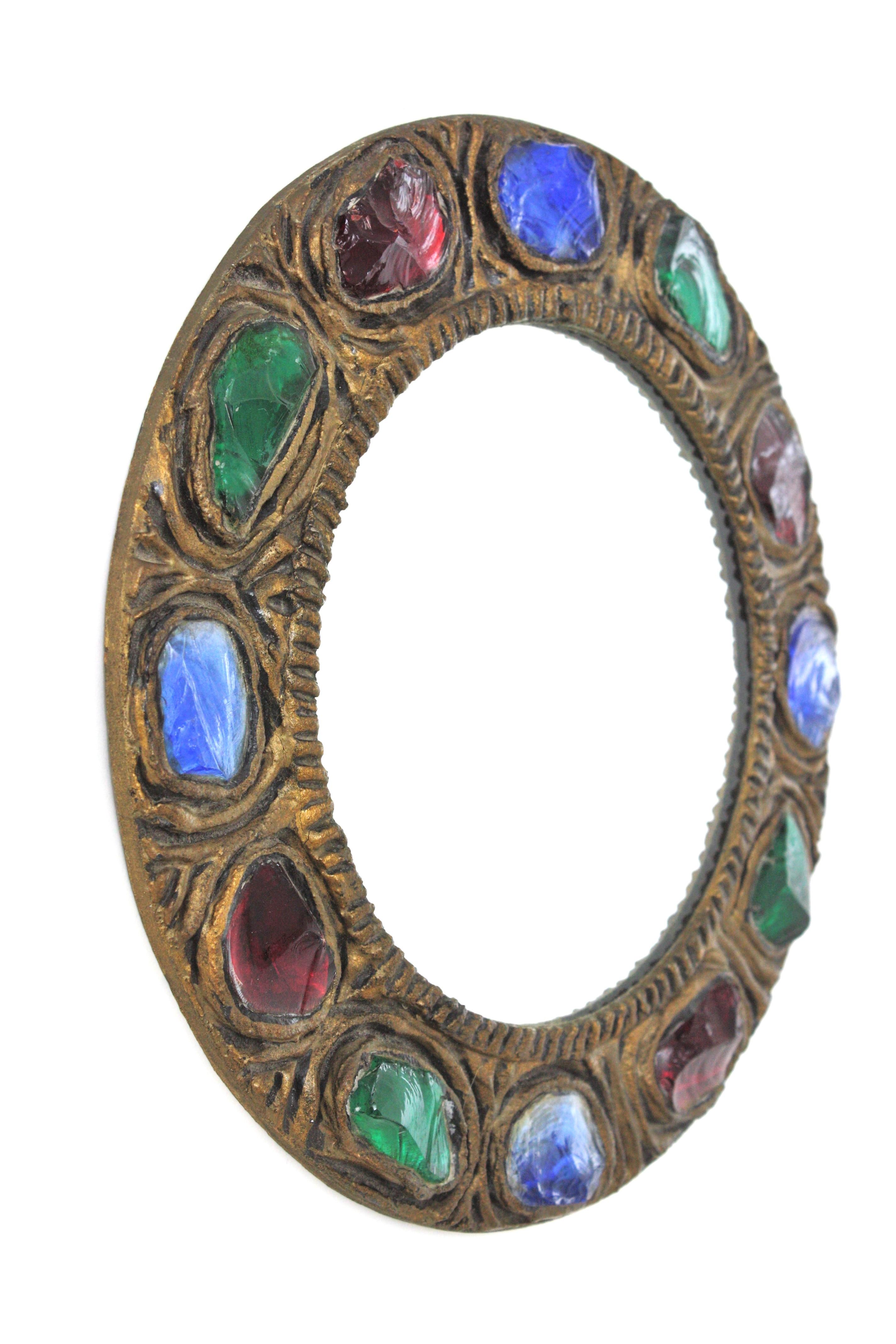 Fait main Miroir mural en verre de Murano et cristal de roche multicolore par Creaciones Gobesso en vente