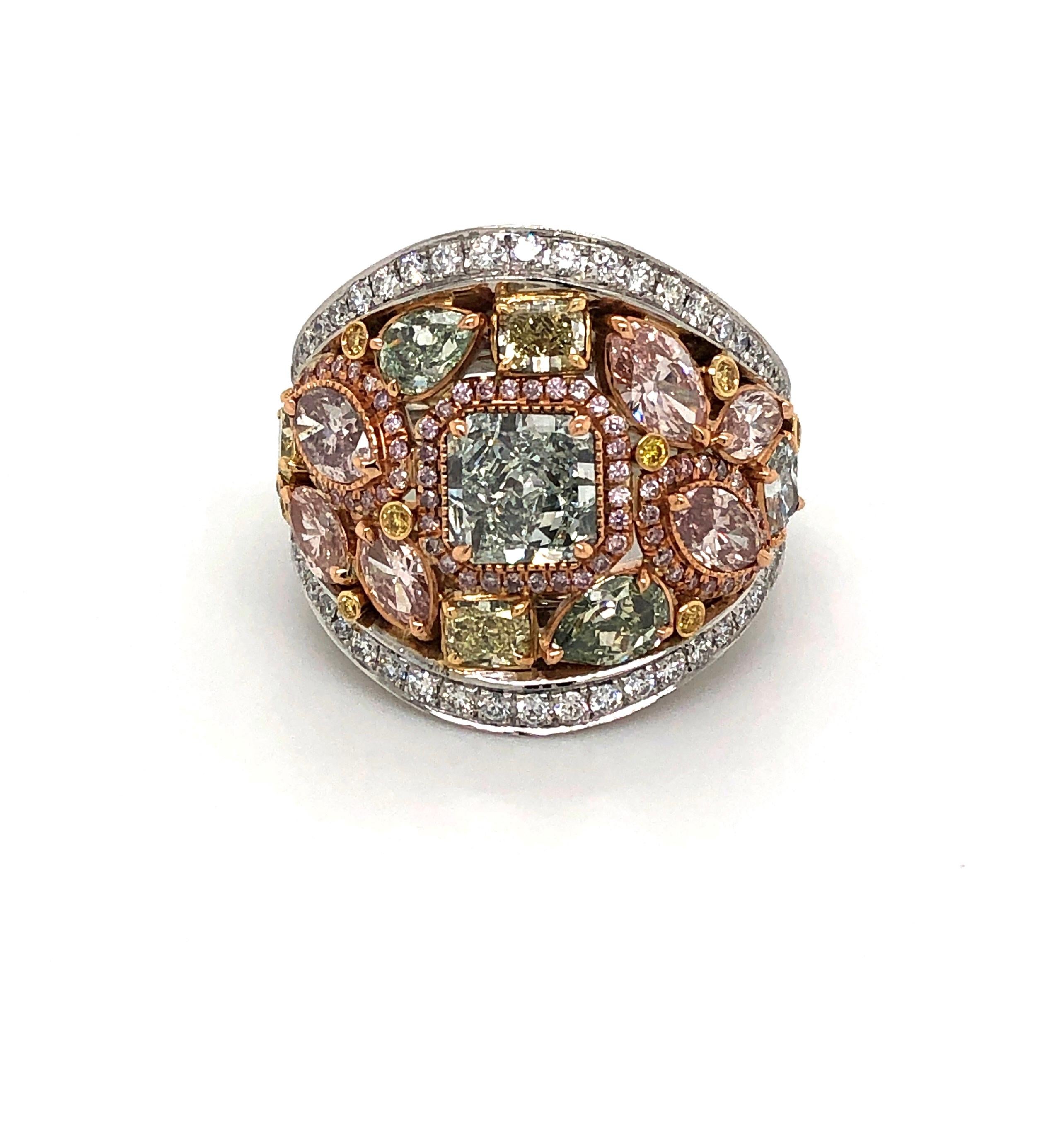 Multi-Color Natural Fancy Color Diamond Ring in 18 Karat White Gold 'GIA' For Sale 1