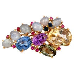 Multi Color Natural Sapphire Brooch 14K Yellow Gold 16 Carats