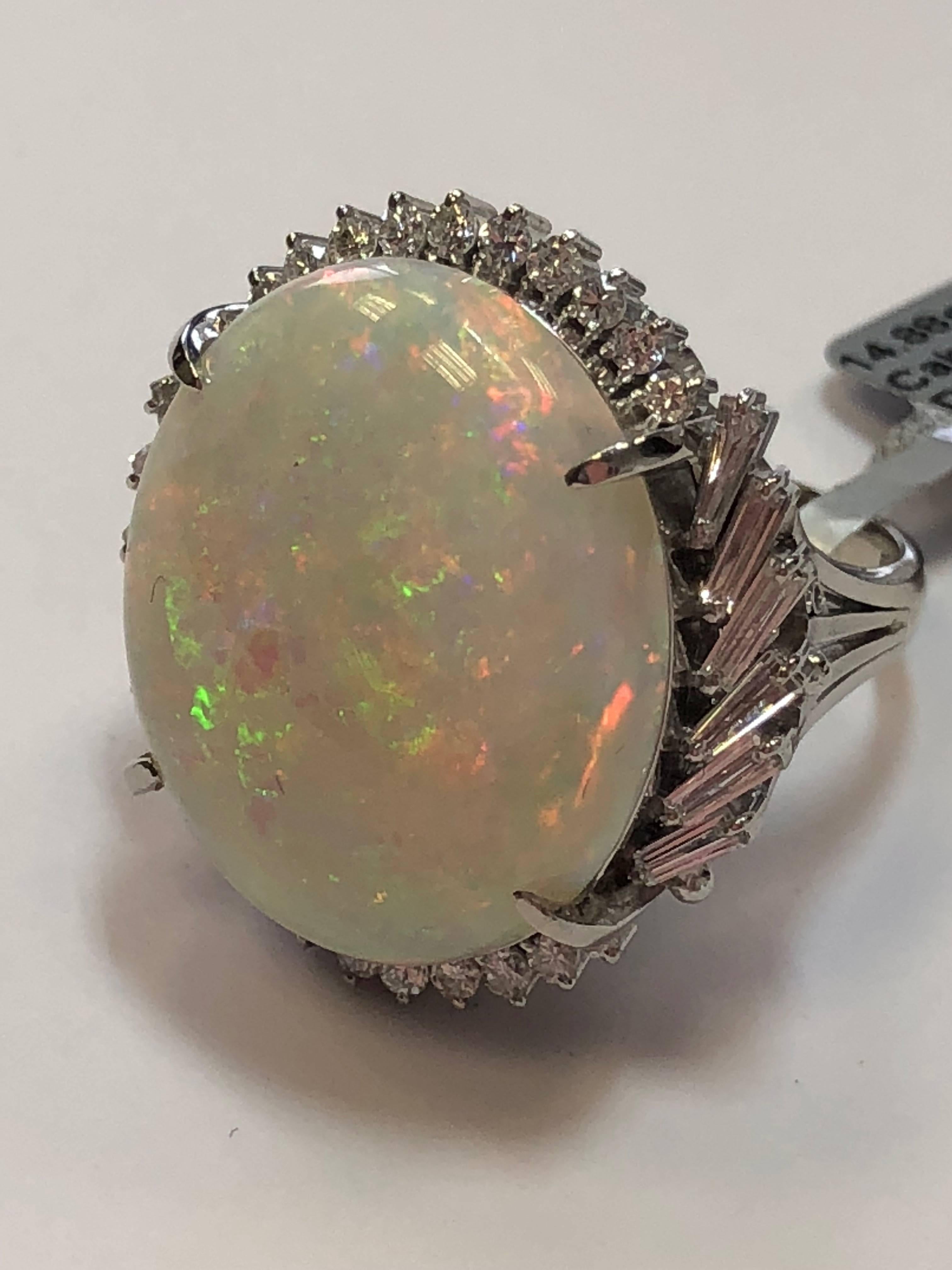 Oval Cut Multi-Color Opal Cabochon and White Diamond Cocktail Ring in Platinum