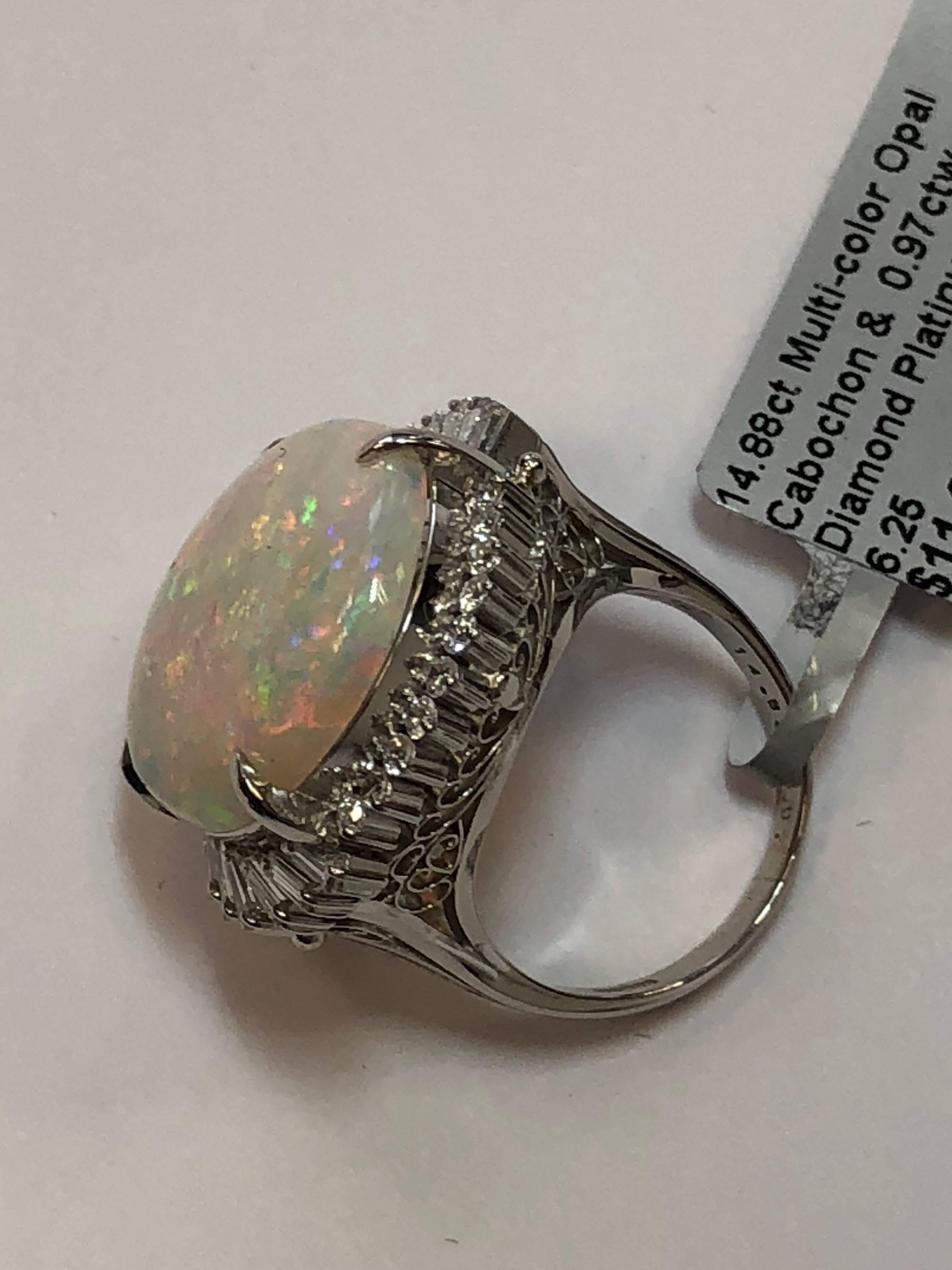 Women's or Men's Multi-Color Opal Cabochon and White Diamond Cocktail Ring in Platinum