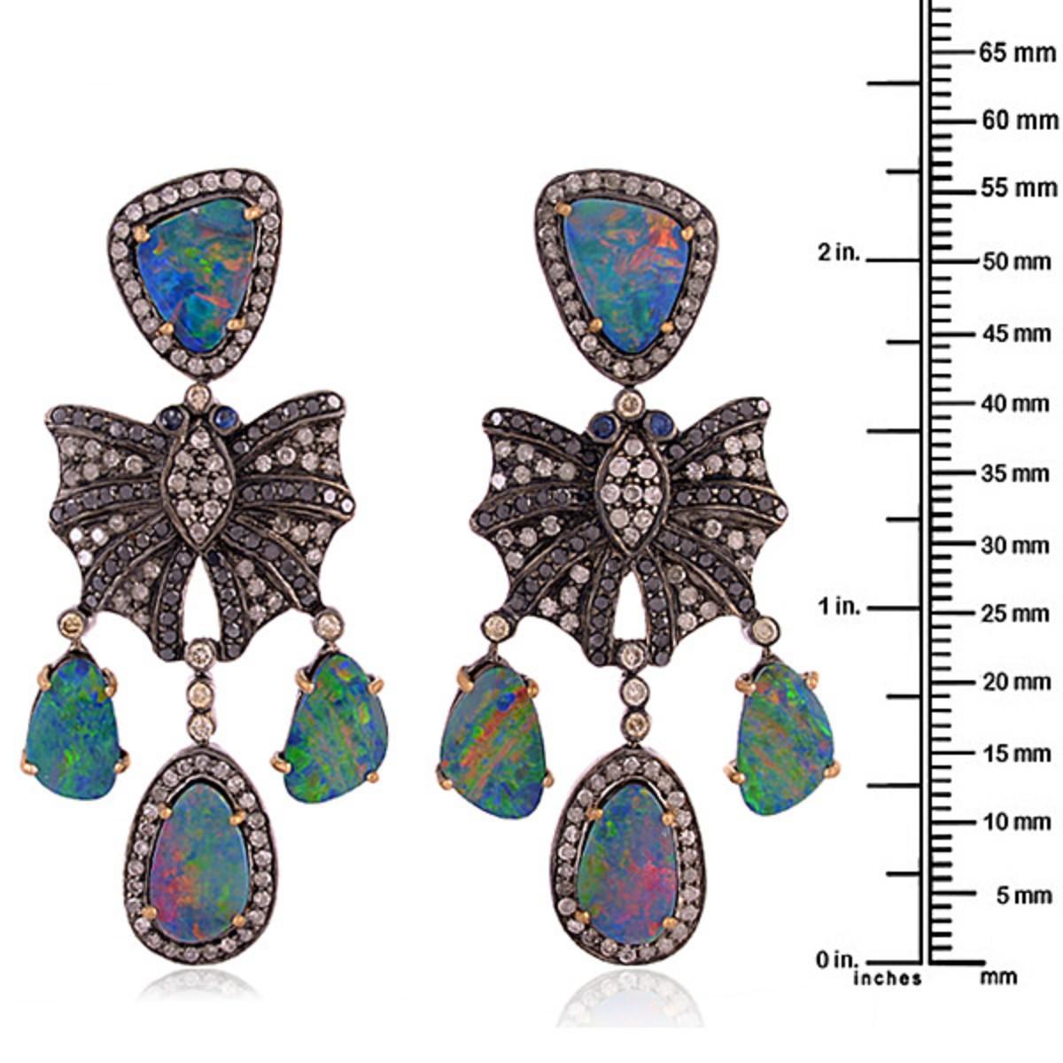 Contemporary Multi Color Opal Doublet & Blue Sapphire Earrings with Pave Diamonds For Sale