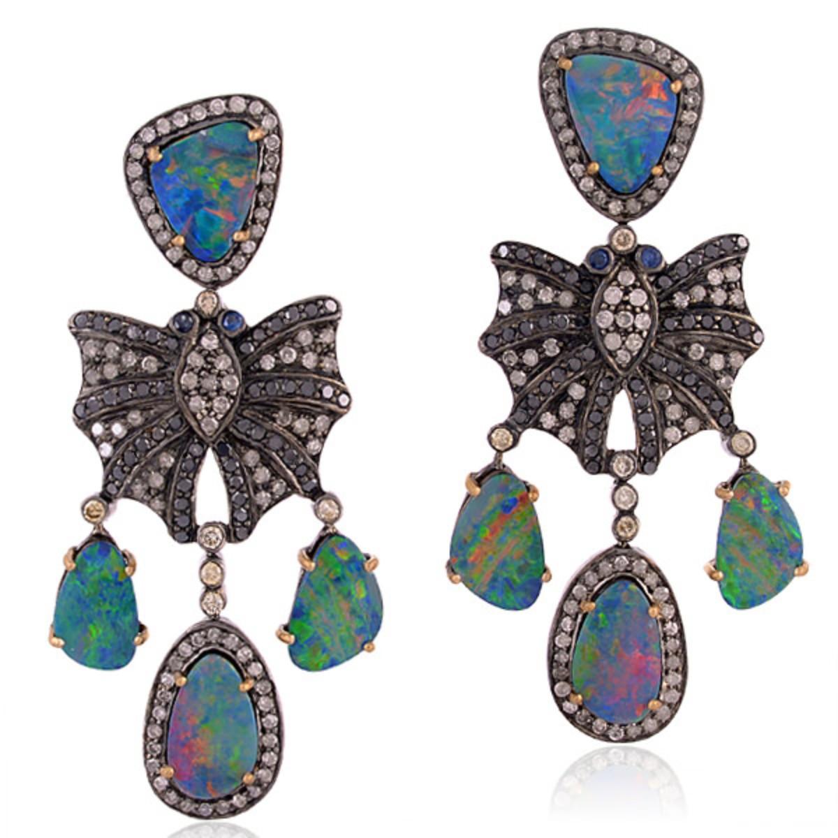 Mixed Cut Multi Color Opal Doublet & Blue Sapphire Earrings with Pave Diamonds For Sale