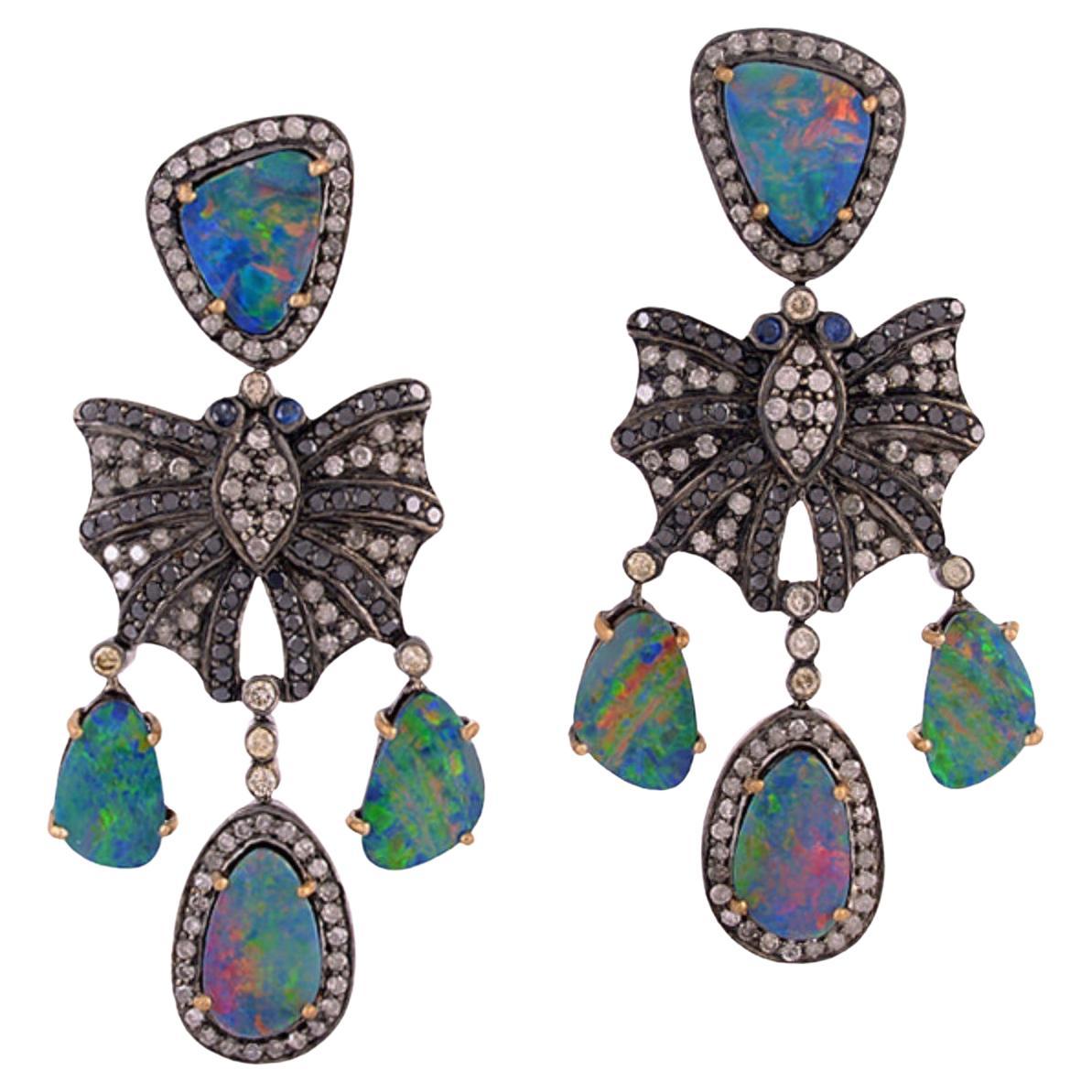 Multi Color Opal Doublet & Blue Sapphire Earrings with Pave Diamonds For Sale
