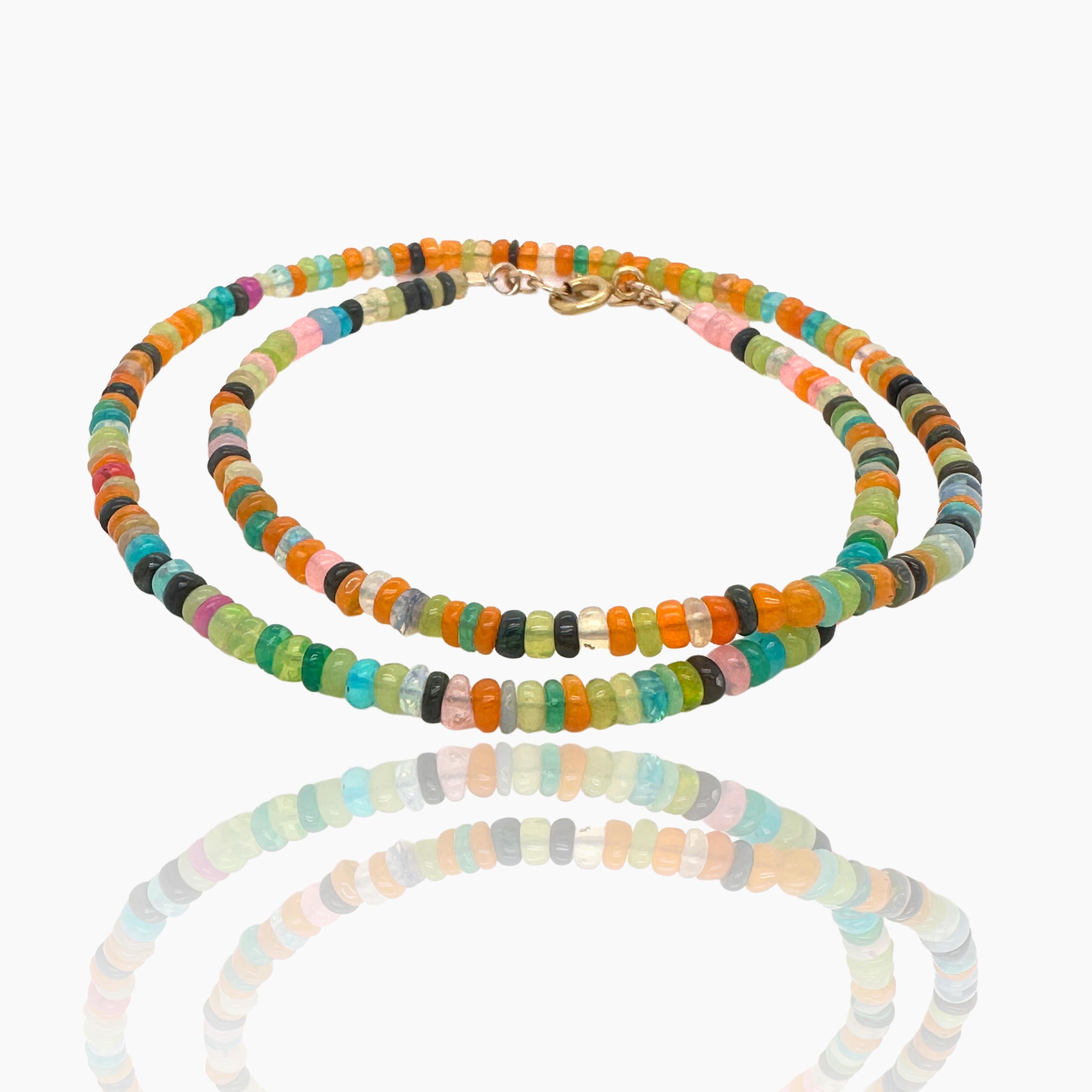 This Ethiopian Opal Necklace features a rainbow of colors that make it a stunning option. It is popular for stacking and comes with a 14K gold fill spring ring clasp for a secure fit.  Opals are ~ 3mm each.

Measures 16-1/2