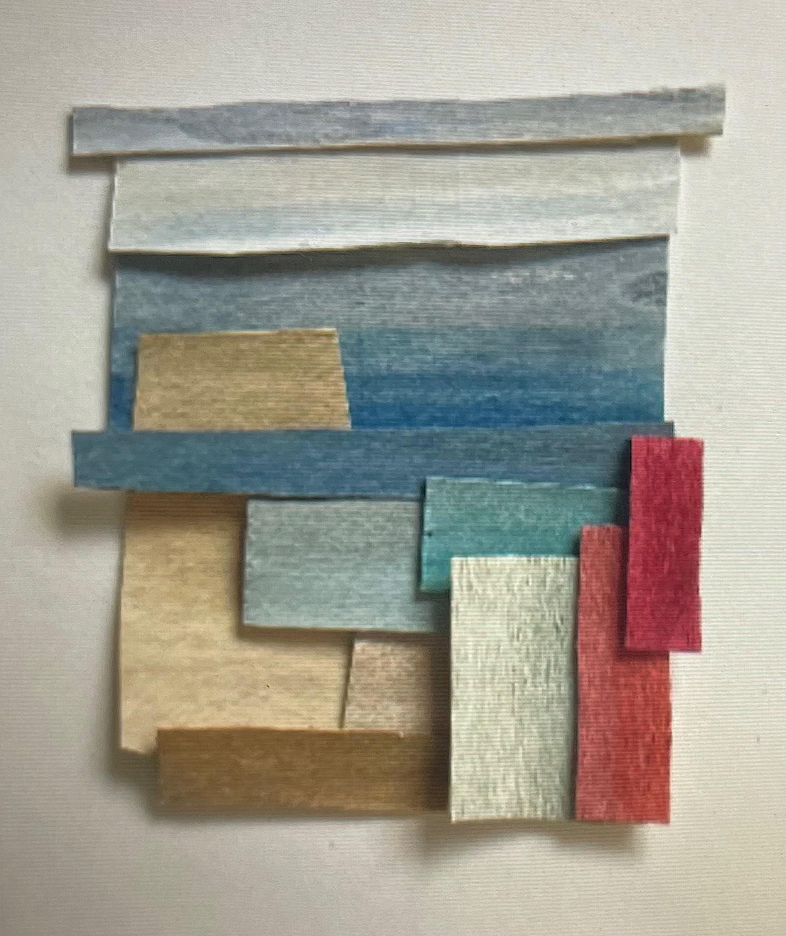 Contemporary French artist Perrine Blaise paints on thin slices of wood.
Weathered effect.
Multi color.
Abstract shapes.
Framed in white wood.
Part of a large collection.
Signed by the artist.