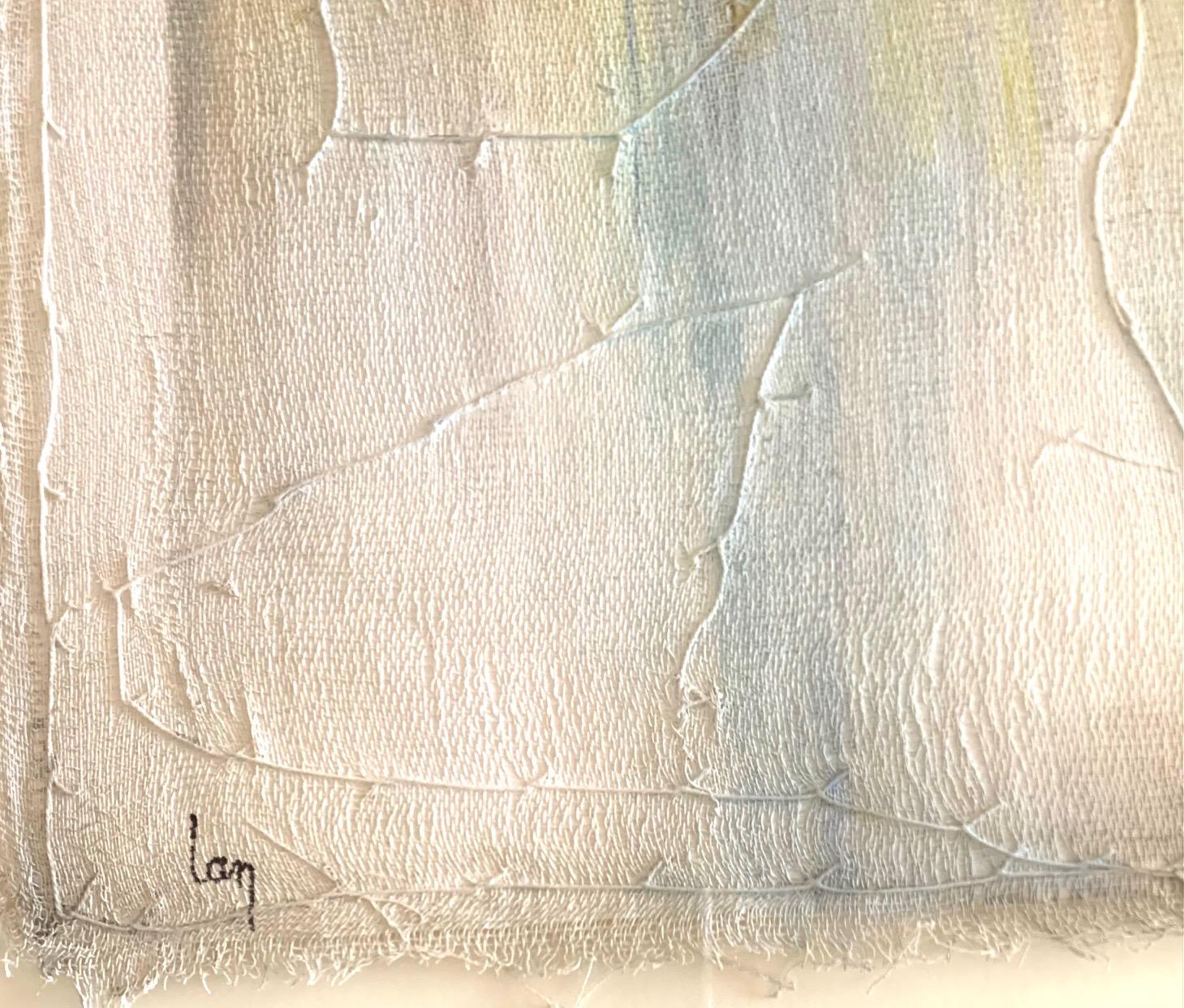 Contemporary Belgian artist Diane Petry creates her own three layer canvas using pima cotton, gauze and fine paper.
Raw edges and applied threads add texture and dimension.
Multi colored.
All artwork can be commissioned for any size and color