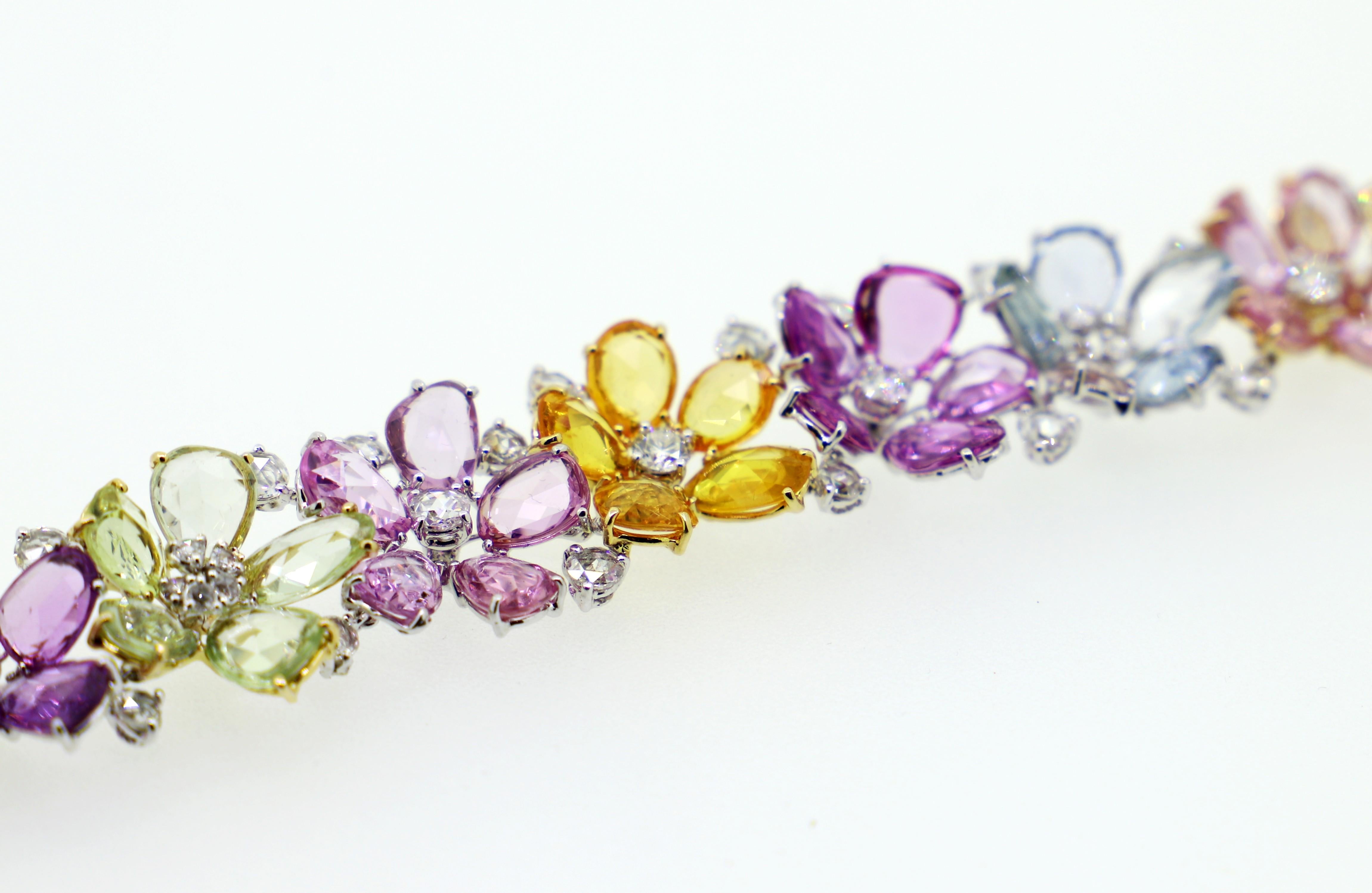 Contemporary Multi-Color Pastel Rosecut Sapphire and White Diamonds Cuff Bracelet For Sale