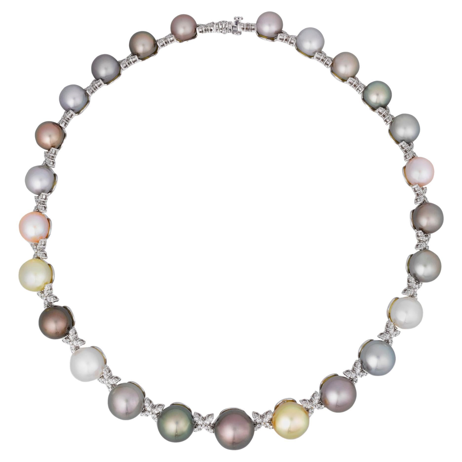 Multi-Color Pearl and Diamond Necklace For Sale