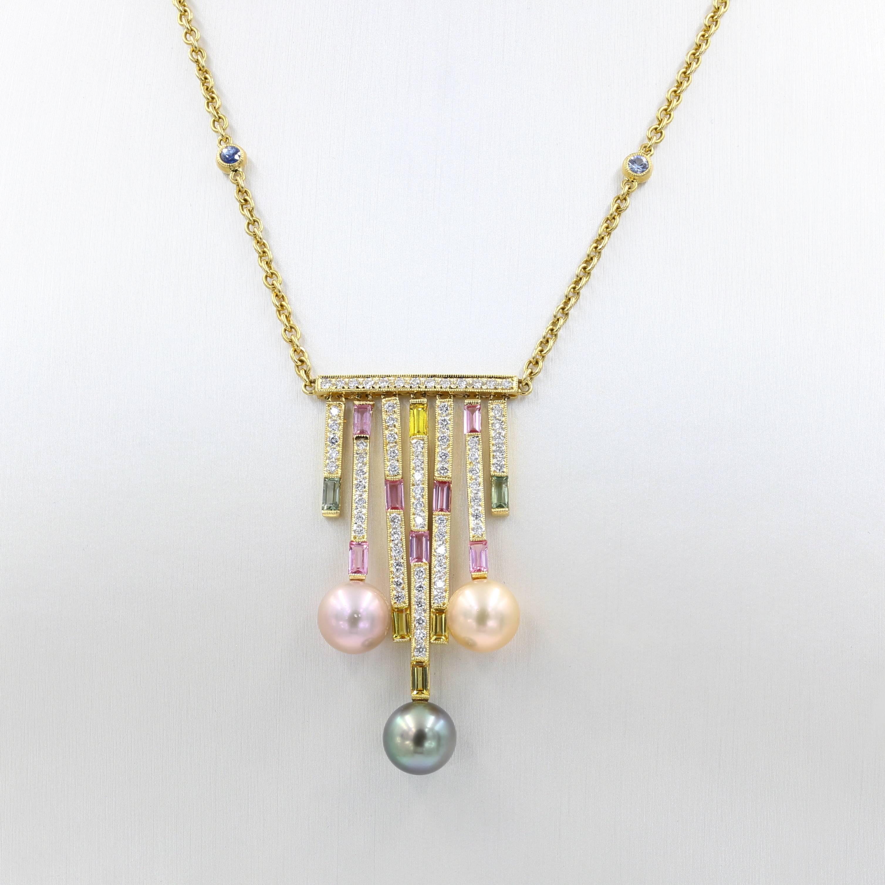 Contemporary Multi-Color Pearl, Colored Stone and Diamond Necklace in 18 Karat Yellow Gold