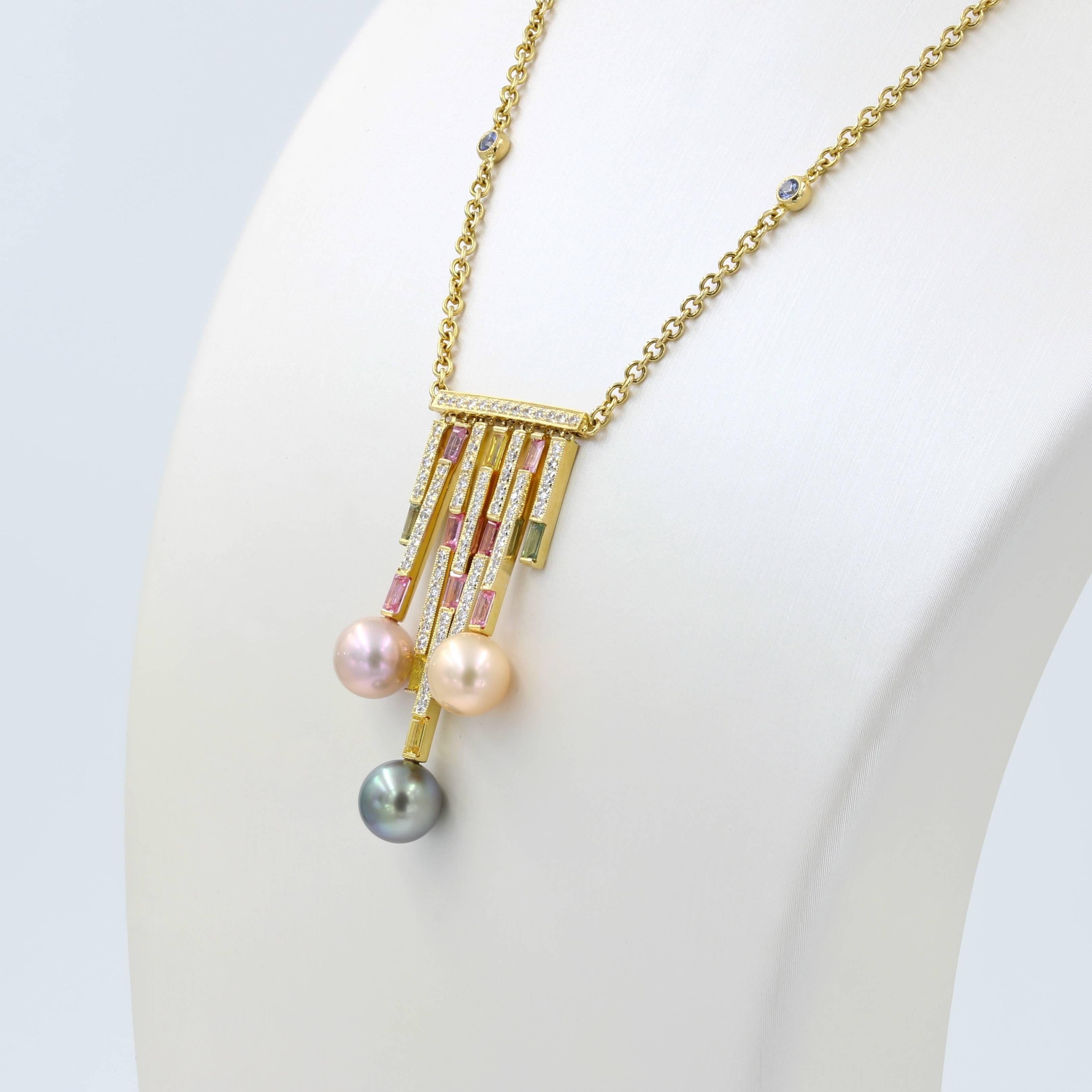 Round Cut Multi-Color Pearl, Colored Stone and Diamond Necklace in 18 Karat Yellow Gold