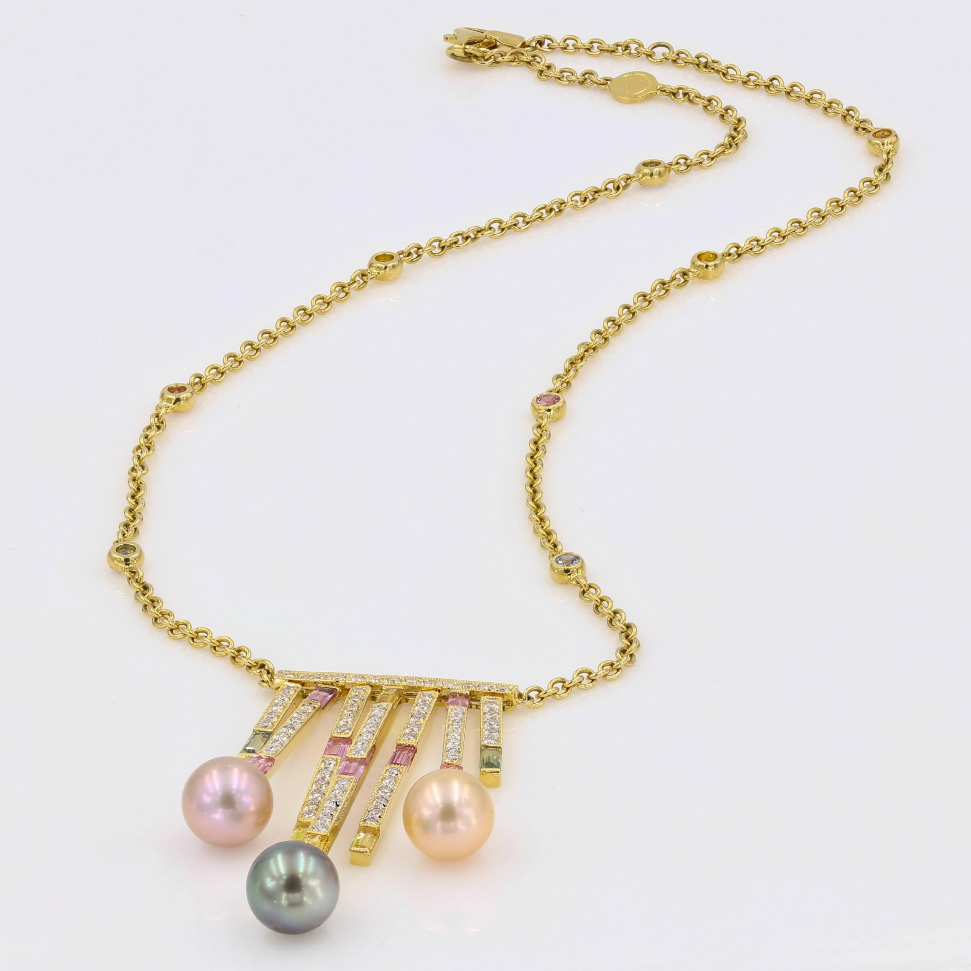 Multi-Color Pearl, Colored Stone and Diamond Necklace in 18 Karat Yellow Gold In New Condition In Chicago, IL