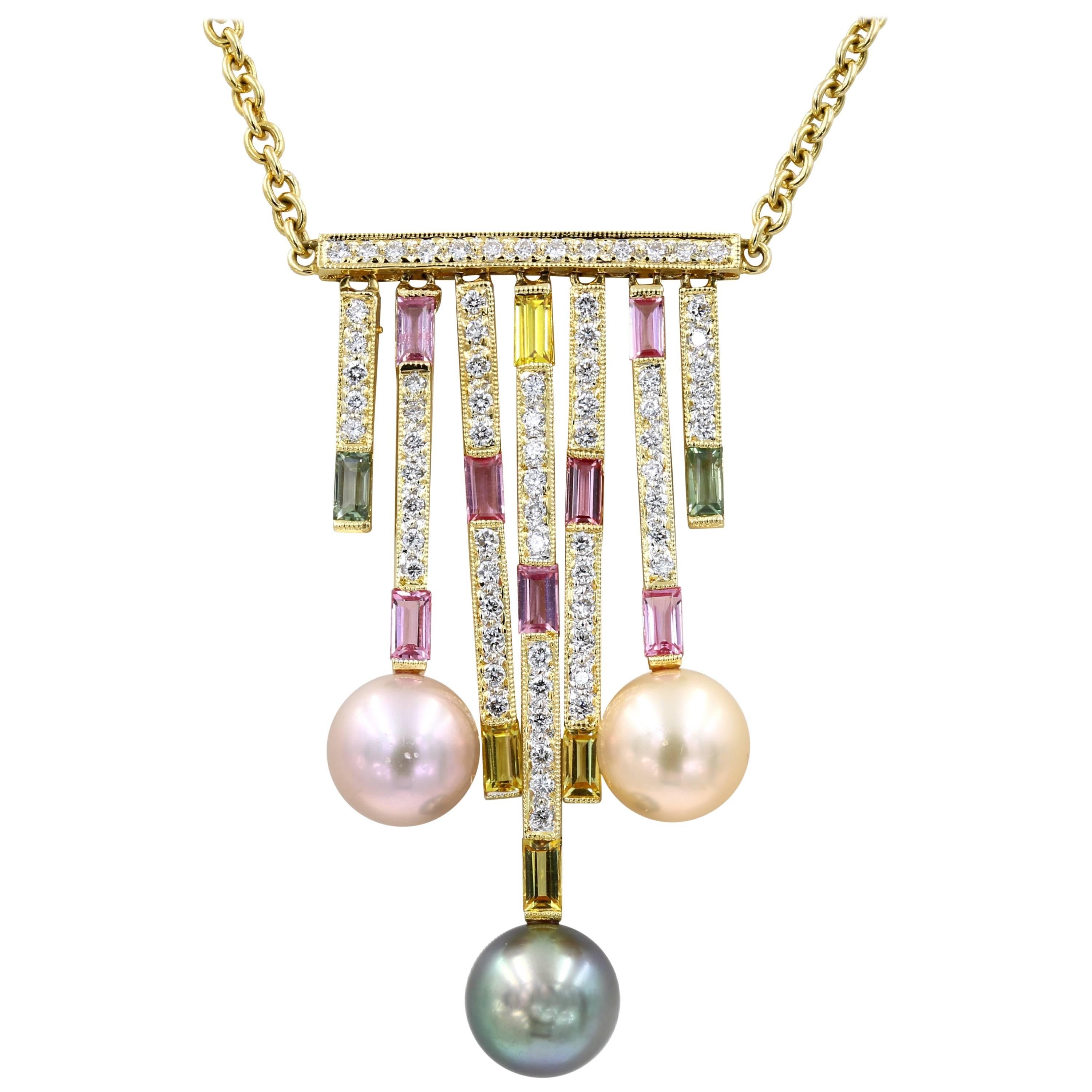 Multi-Color Pearl, Colored Stone and Diamond Necklace in 18 Karat Yellow Gold